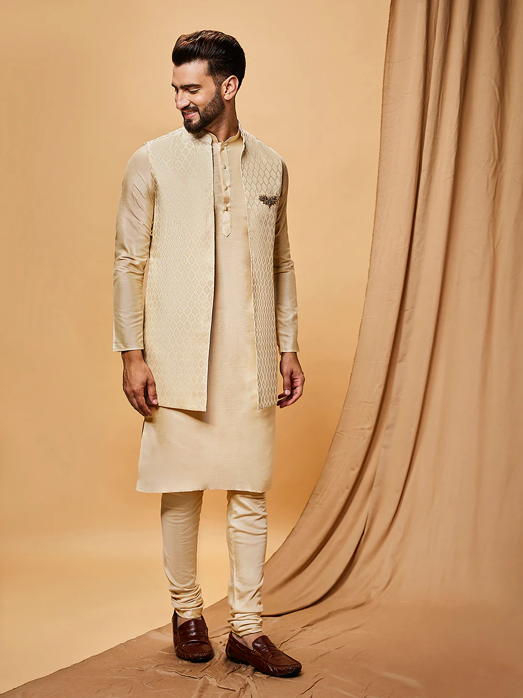 Beige Silk Blend Jacquard Jacket Set with Kurta & Churidar - Image 3