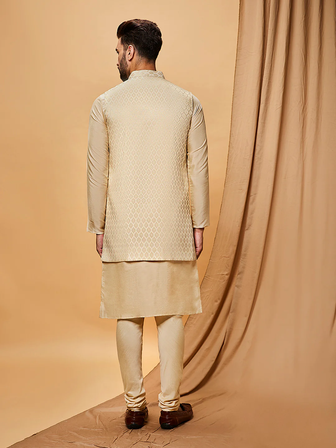 Beige Silk Blend Jacquard Jacket Set with Kurta & Churidar - Image 6