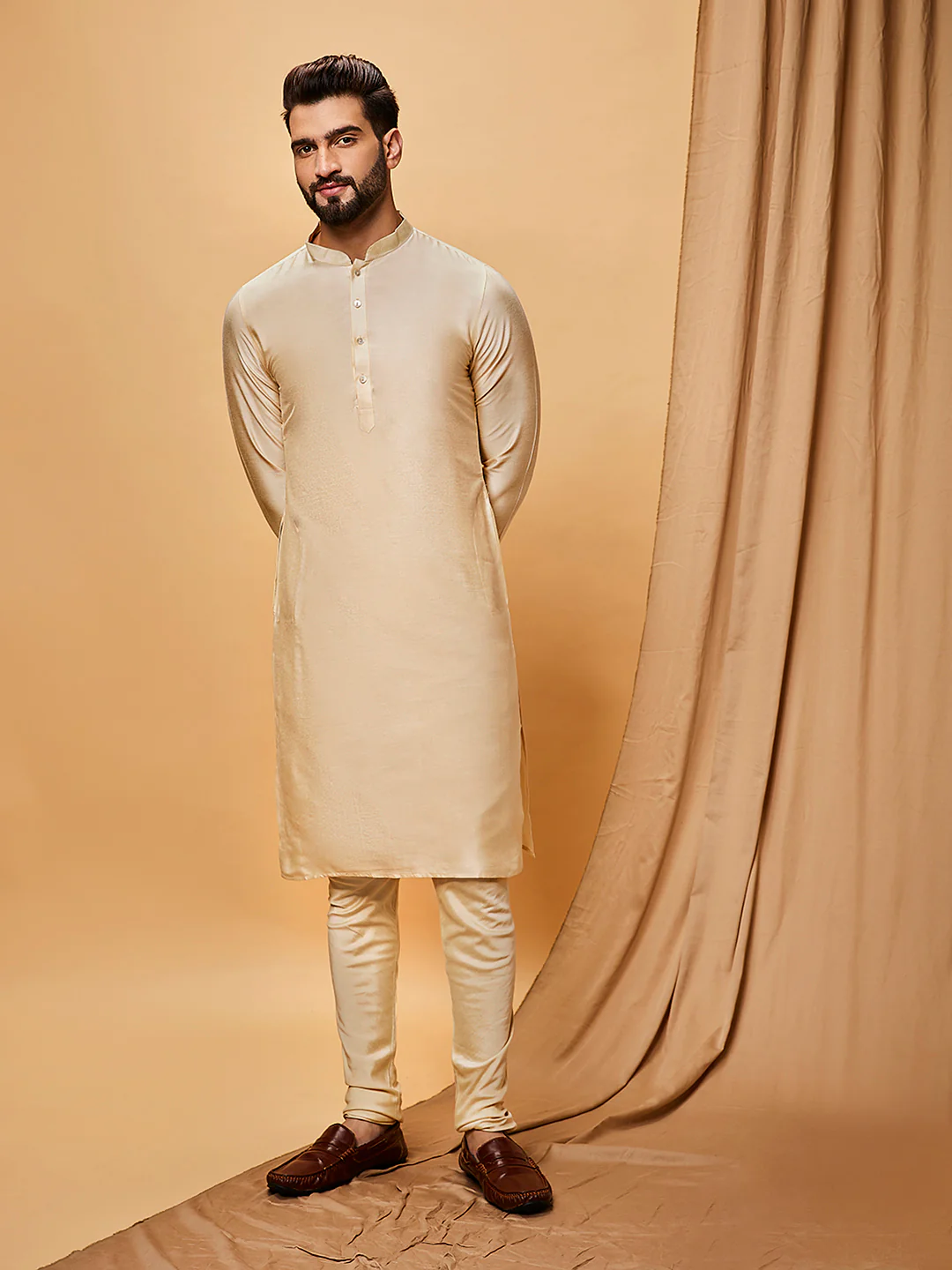 Beige Silk Blend Jacquard Jacket Set with Kurta & Churidar - Image 8