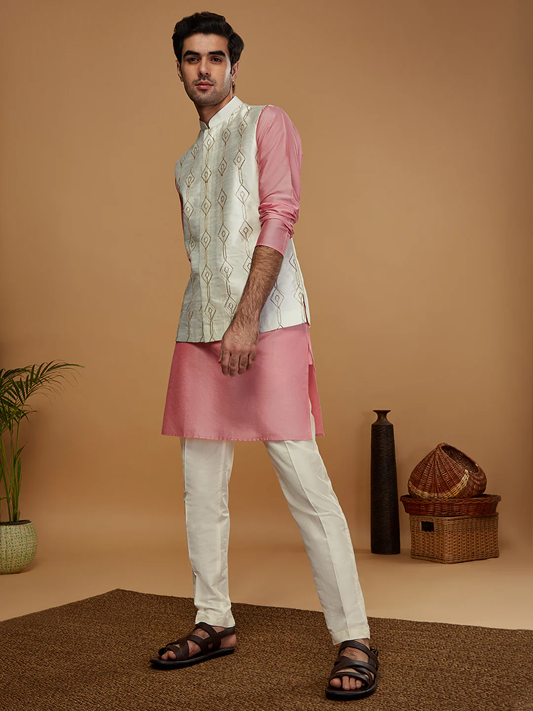 Kisah Men Off White Kurta Jacket Trouser Set - Image 3