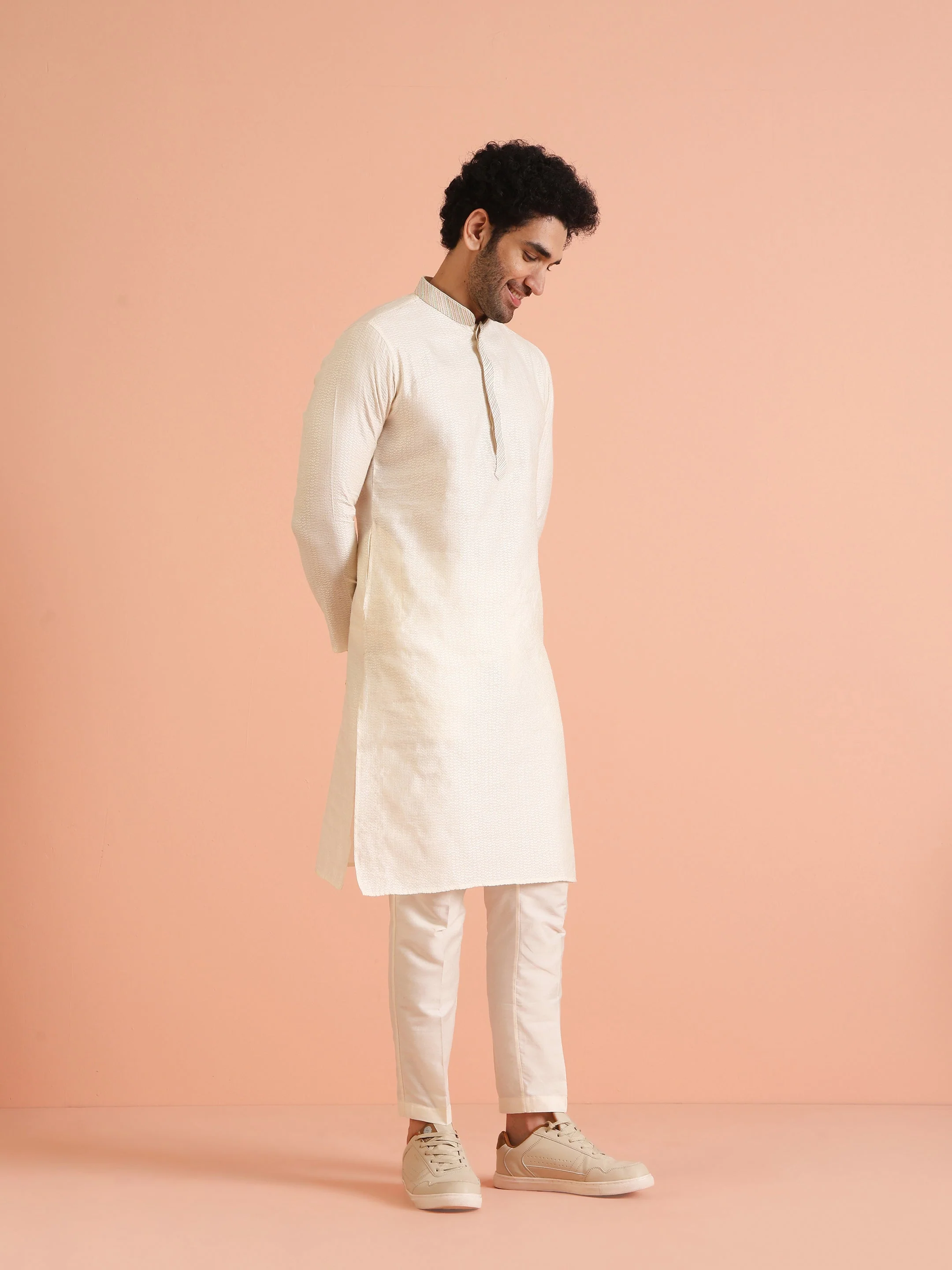 Cream Silk Blend Textured Kurta with Mandarin Collar - Image 10