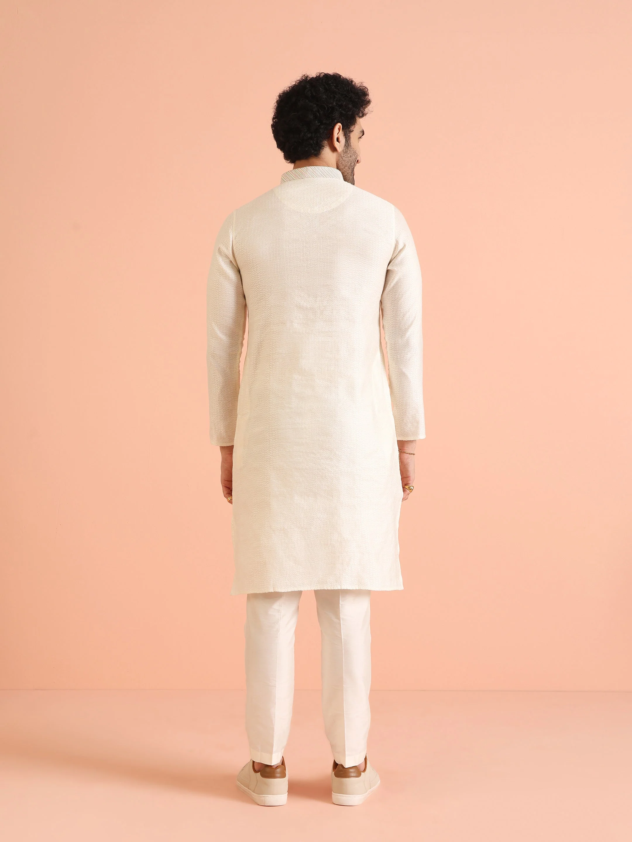 Cream Silk Blend Textured Kurta with Mandarin Collar - Image 12