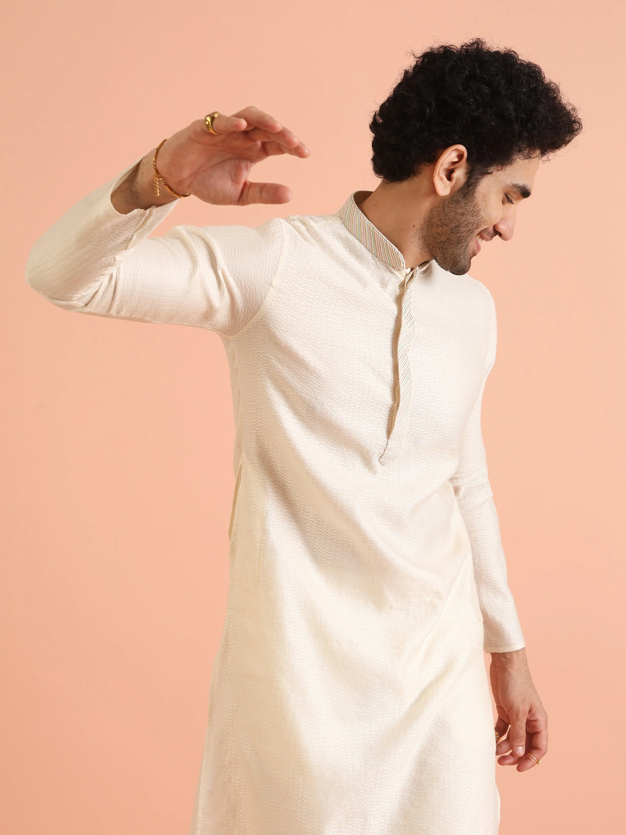 Cream Silk Blend Textured Kurta with Mandarin Collar - Image 13
