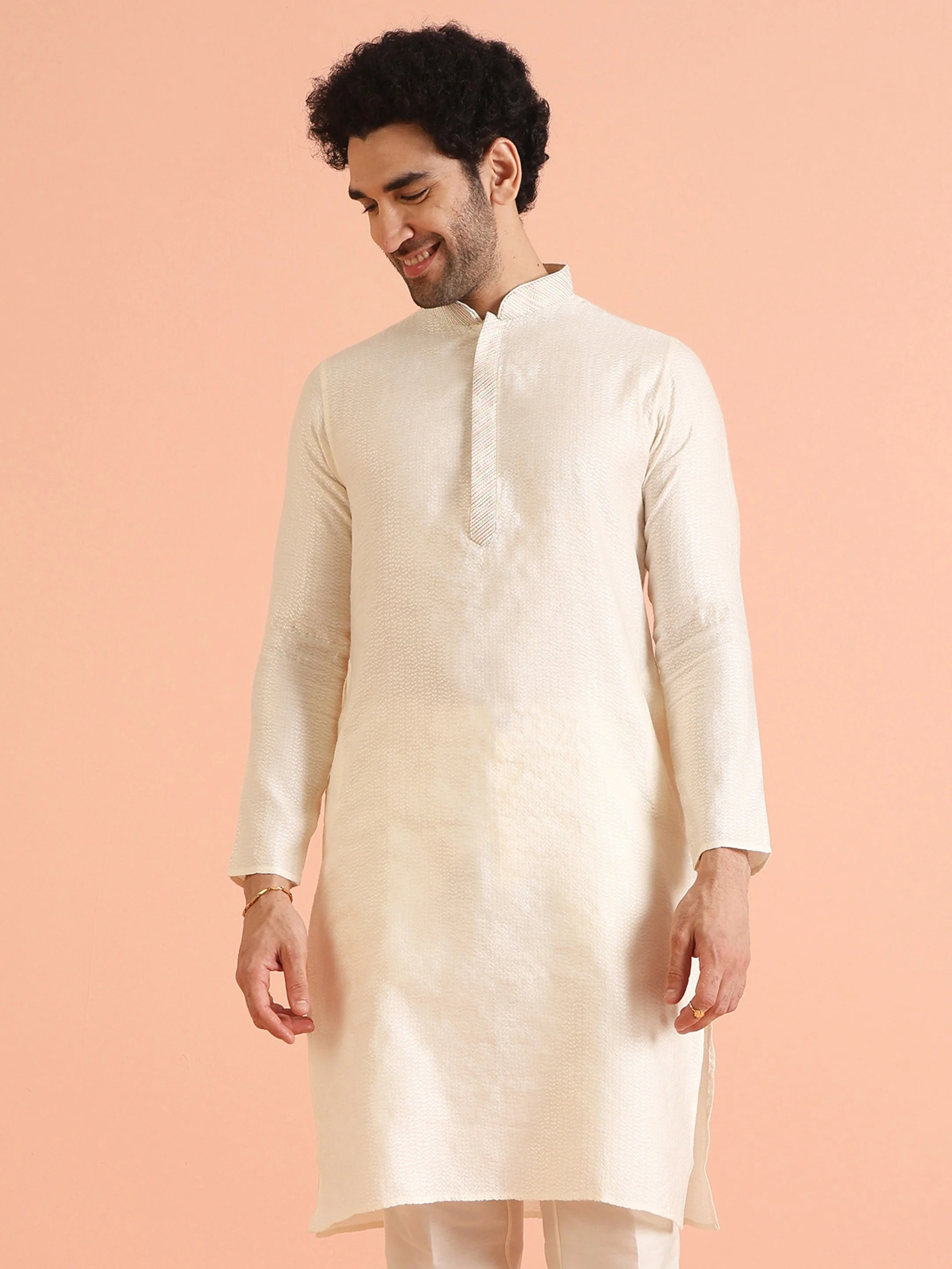 Cream Silk Blend Textured Kurta with Mandarin Collar - Image 8