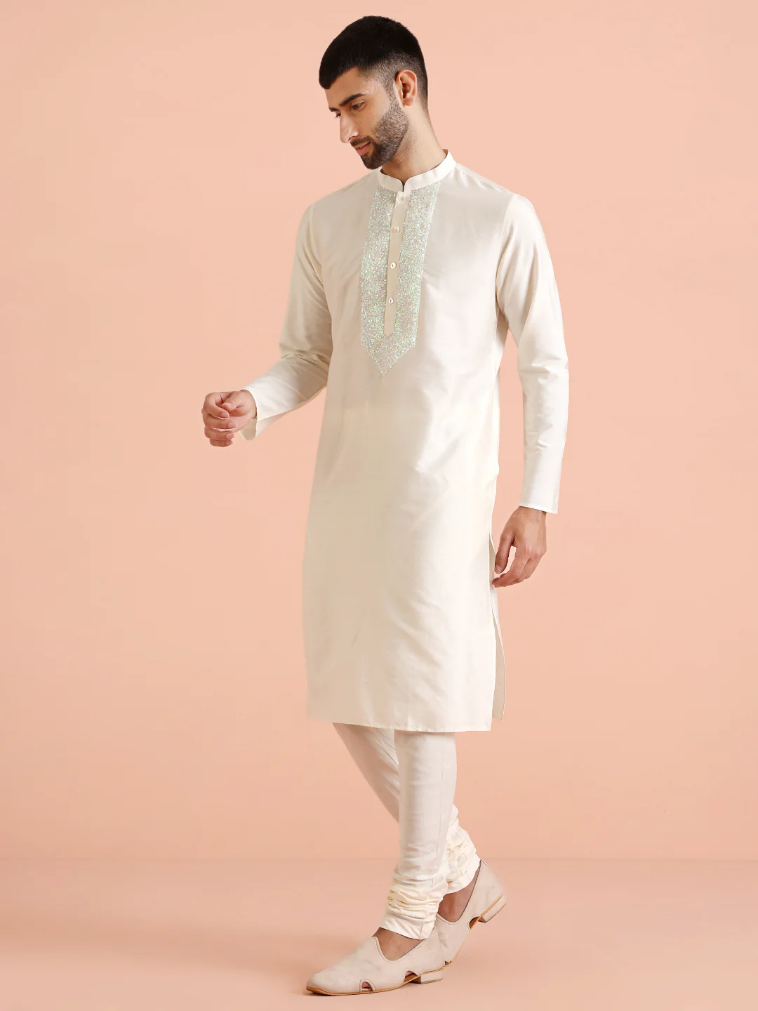 Cream Silk Blend Sequin Work Kurta - Image 2
