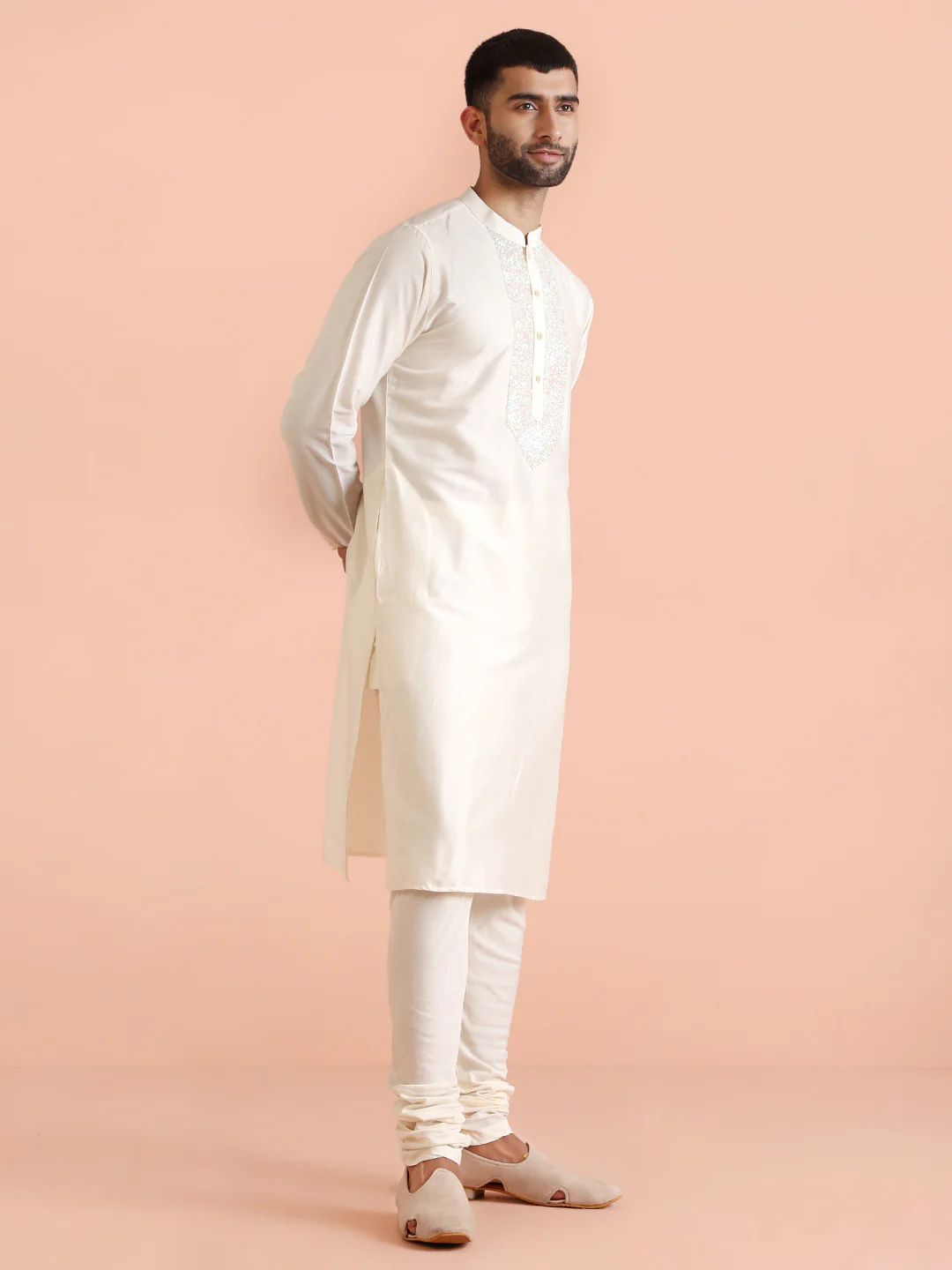 Cream Silk Blend Sequin Work Kurta - Image 3