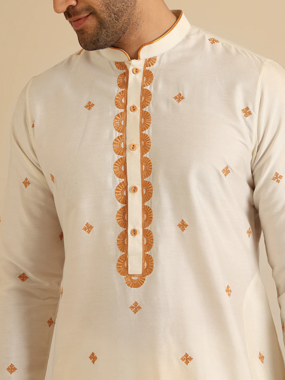 Cream Silk Blend Golden Embroidered Kurta - Image 5