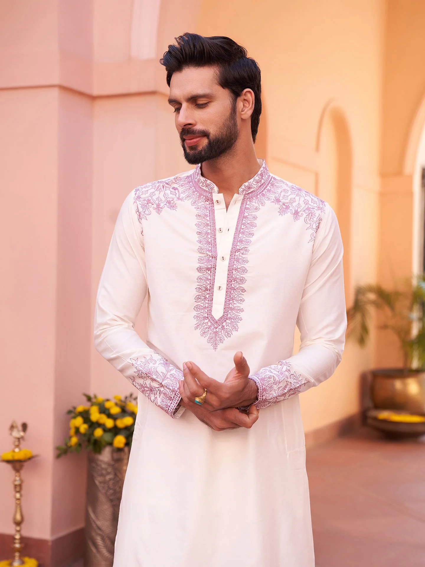 Cream Silk Blend Pink Embroidered Kurta - Image 8