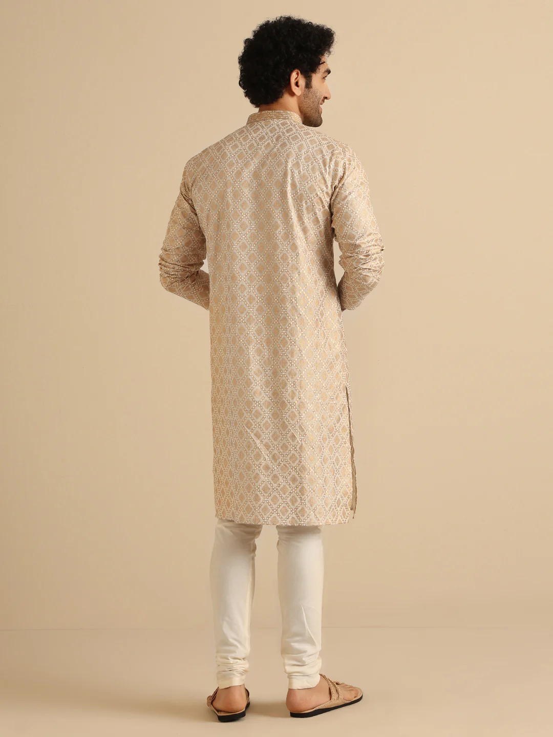 Beige Silk Blend Kurta with Intricate Woven Design and Mandarin Collar - Image 5