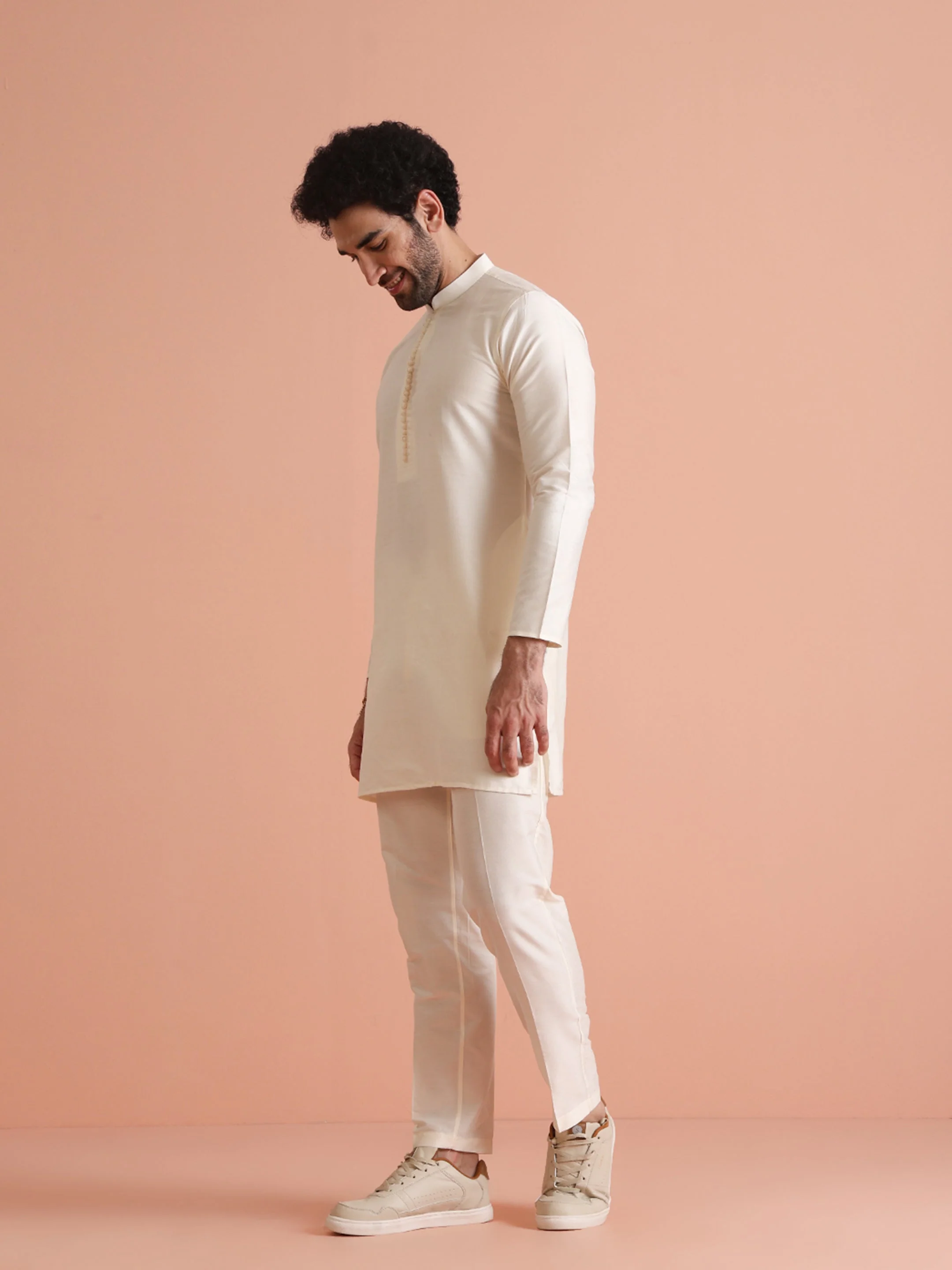 Cream Silk Blend Solid Mid Kurta Trouser - Image 12