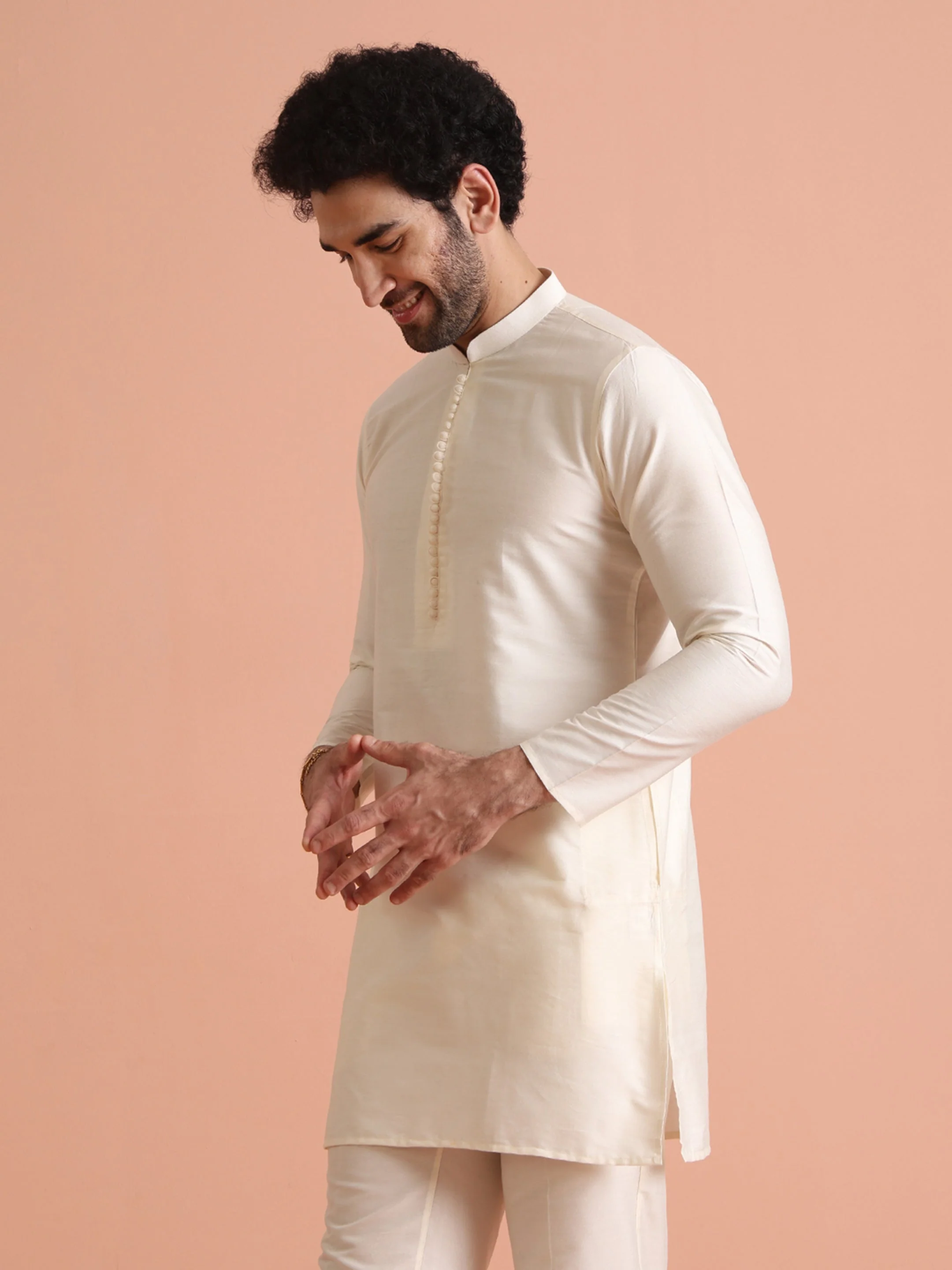 Cream Silk Blend Solid Mid Kurta Trouser - Image 9