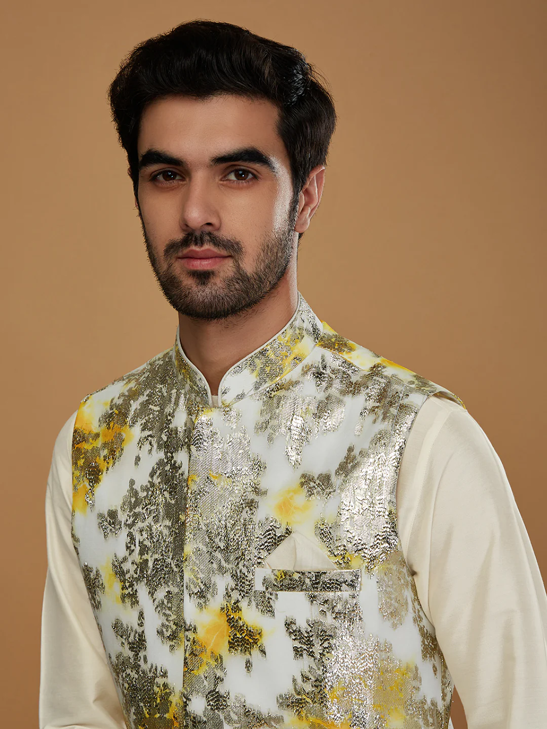 Men Off White Woven Design Nehru Jacket - Image 5