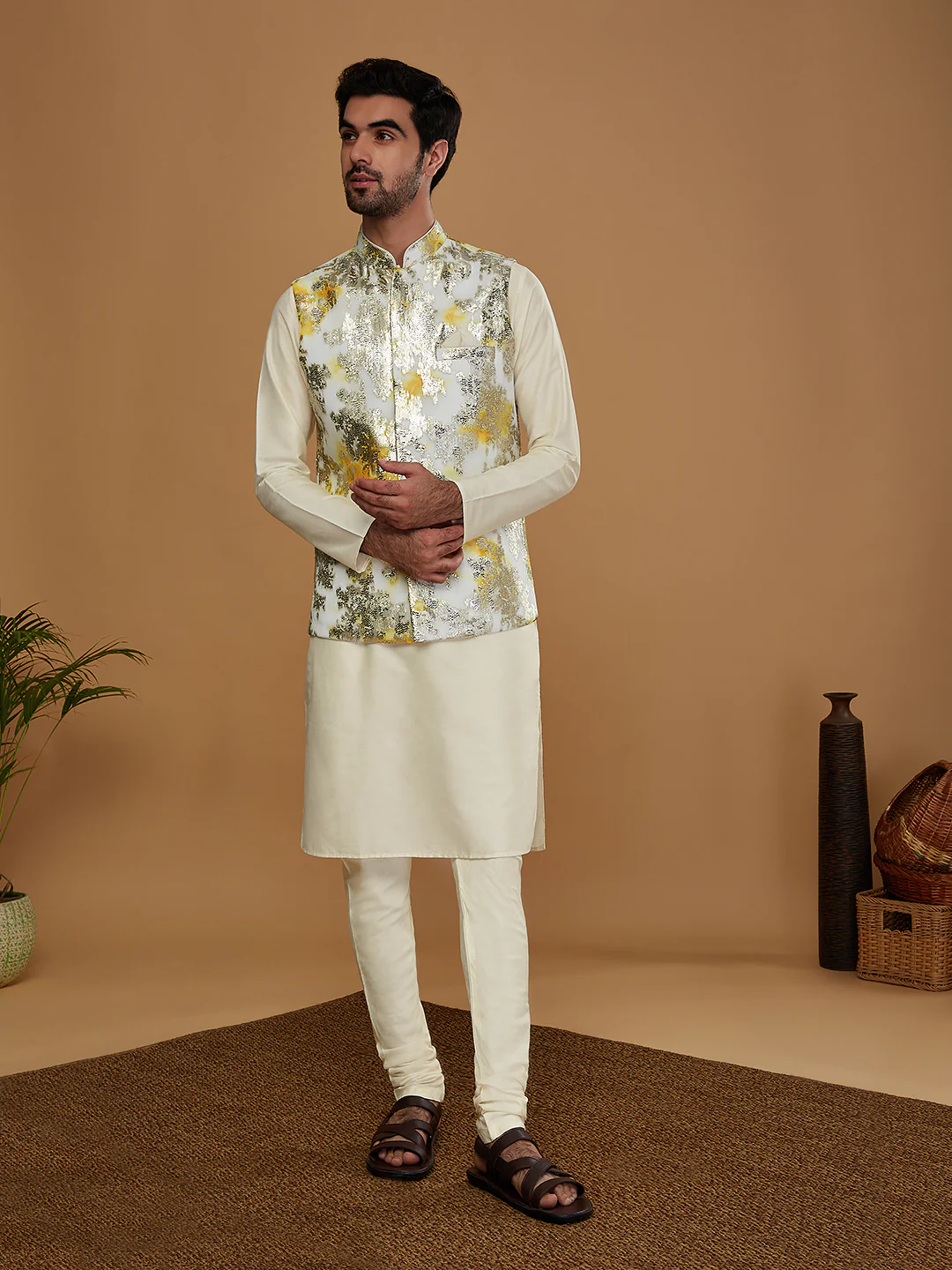 Men Off White Woven Design Nehru Jacket - Image 6