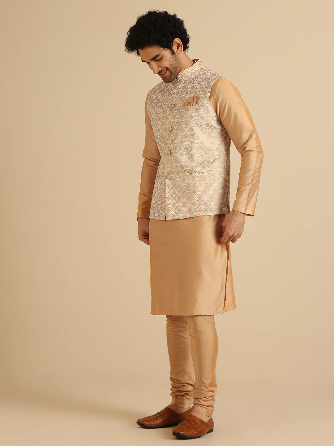 Beige Cotton Silk Textured Nehru Jacket - Image 2