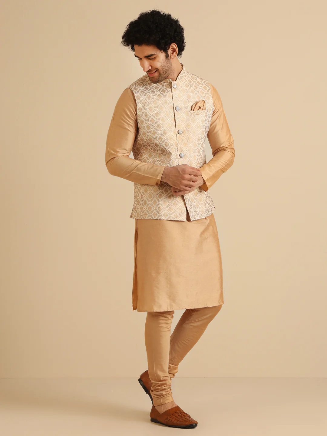 Beige Cotton Silk Textured Nehru Jacket - Image 3