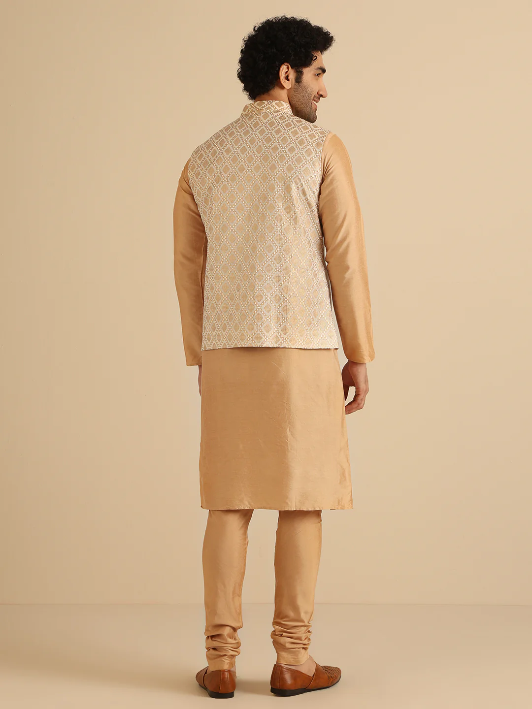 Beige Cotton Silk Textured Nehru Jacket - Image 4