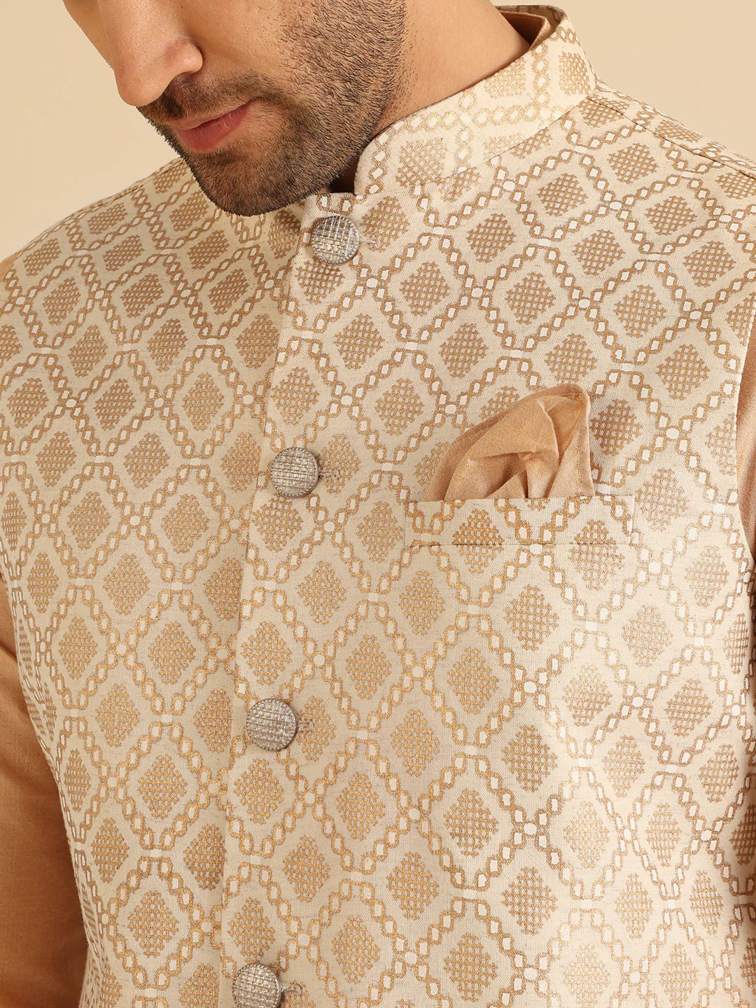 Beige Cotton Silk Textured Nehru Jacket - Image 5