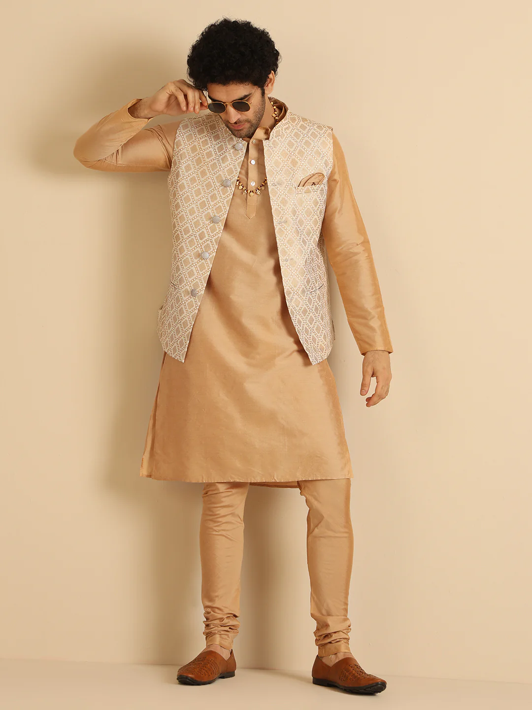 Beige Cotton Silk Textured Nehru Jacket - Image 6