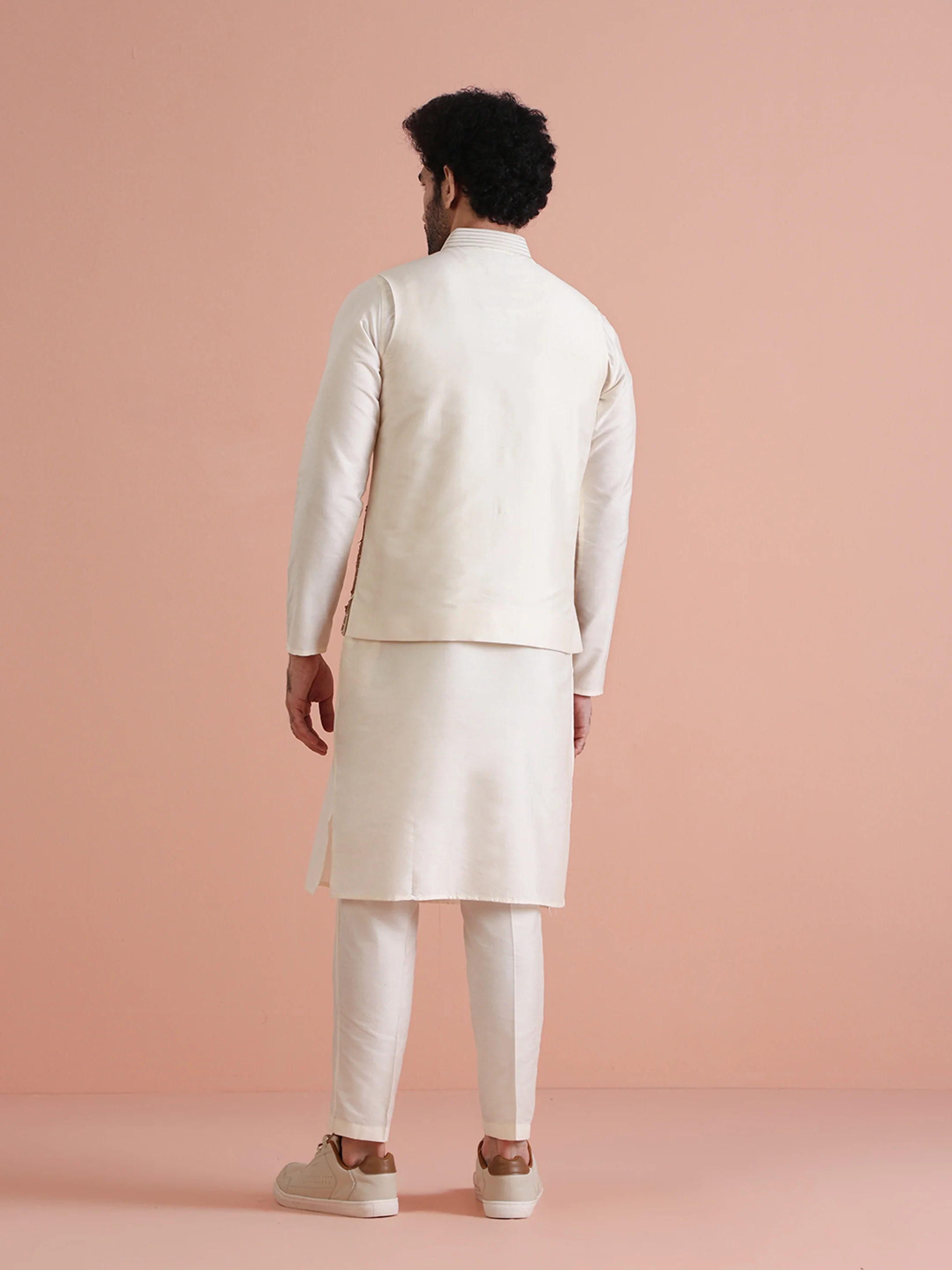 Cream Silk Blend Gold Embroidered Jacket Kurta Trouser Set - Image 5
