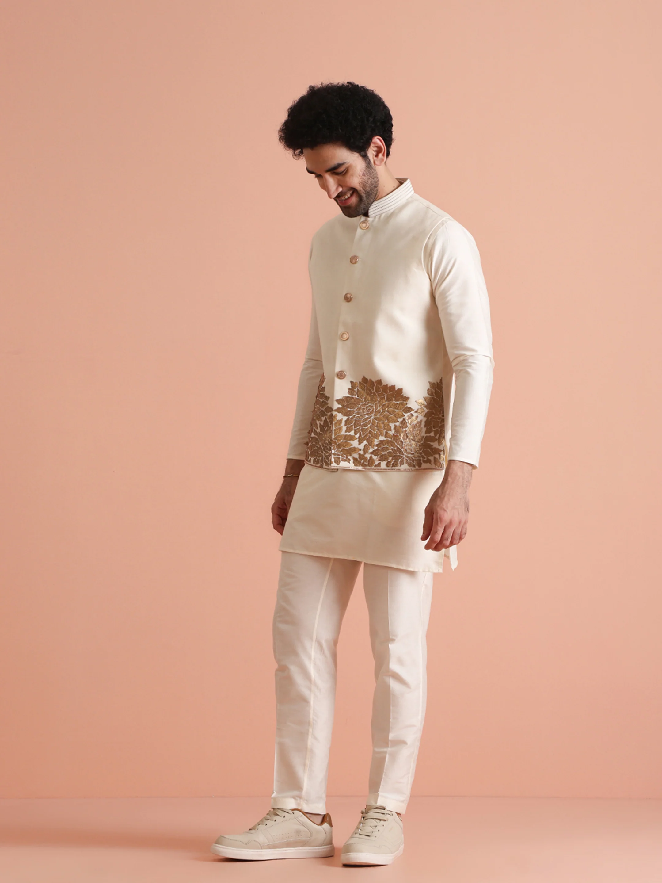 Cream Silk Blend Gold Embroidered Jacket Kurta Trouser Set - Image 3