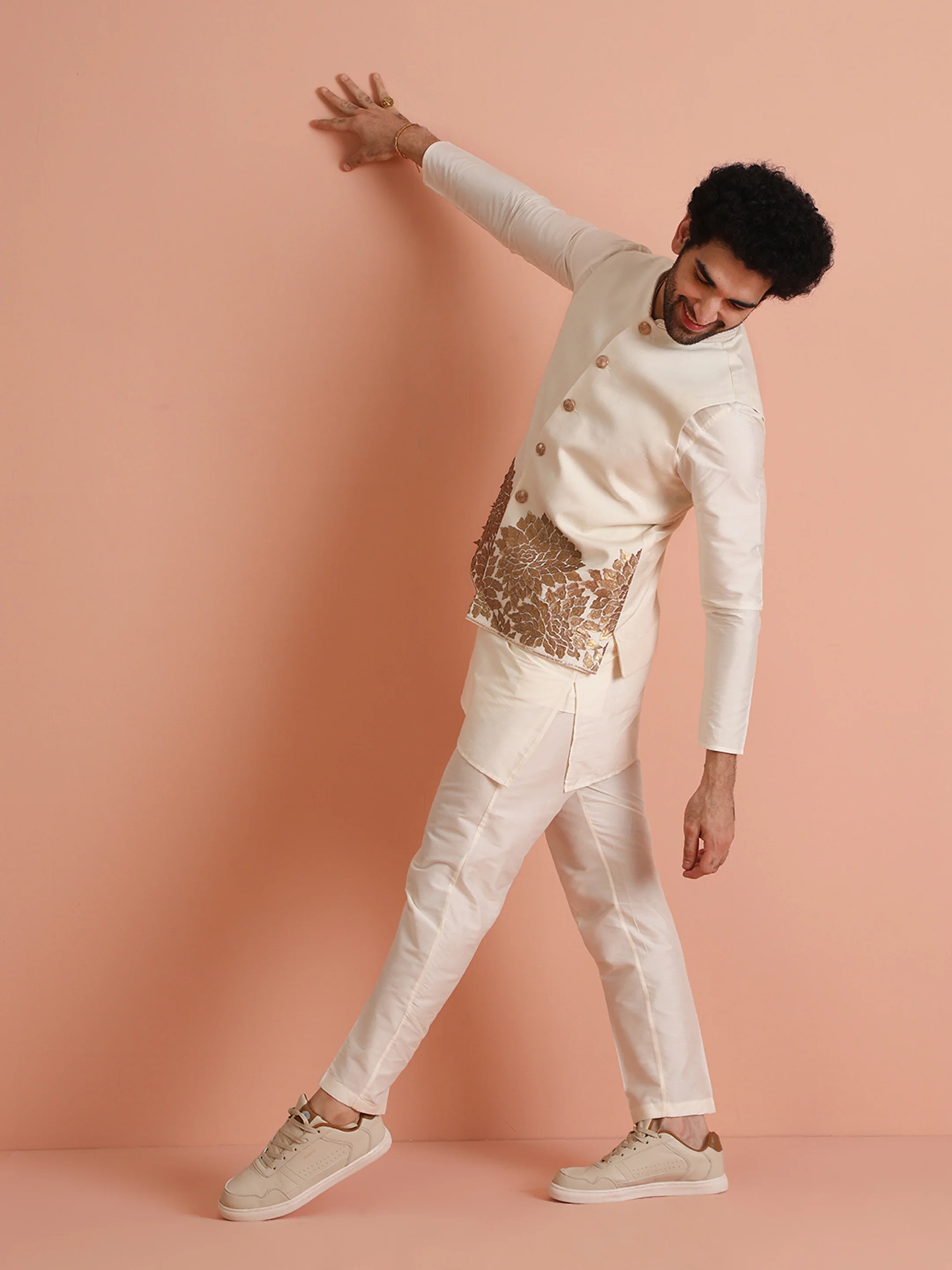 Cream Silk Blend Gold Embroidered Jacket Kurta Trouser Set - Image 4