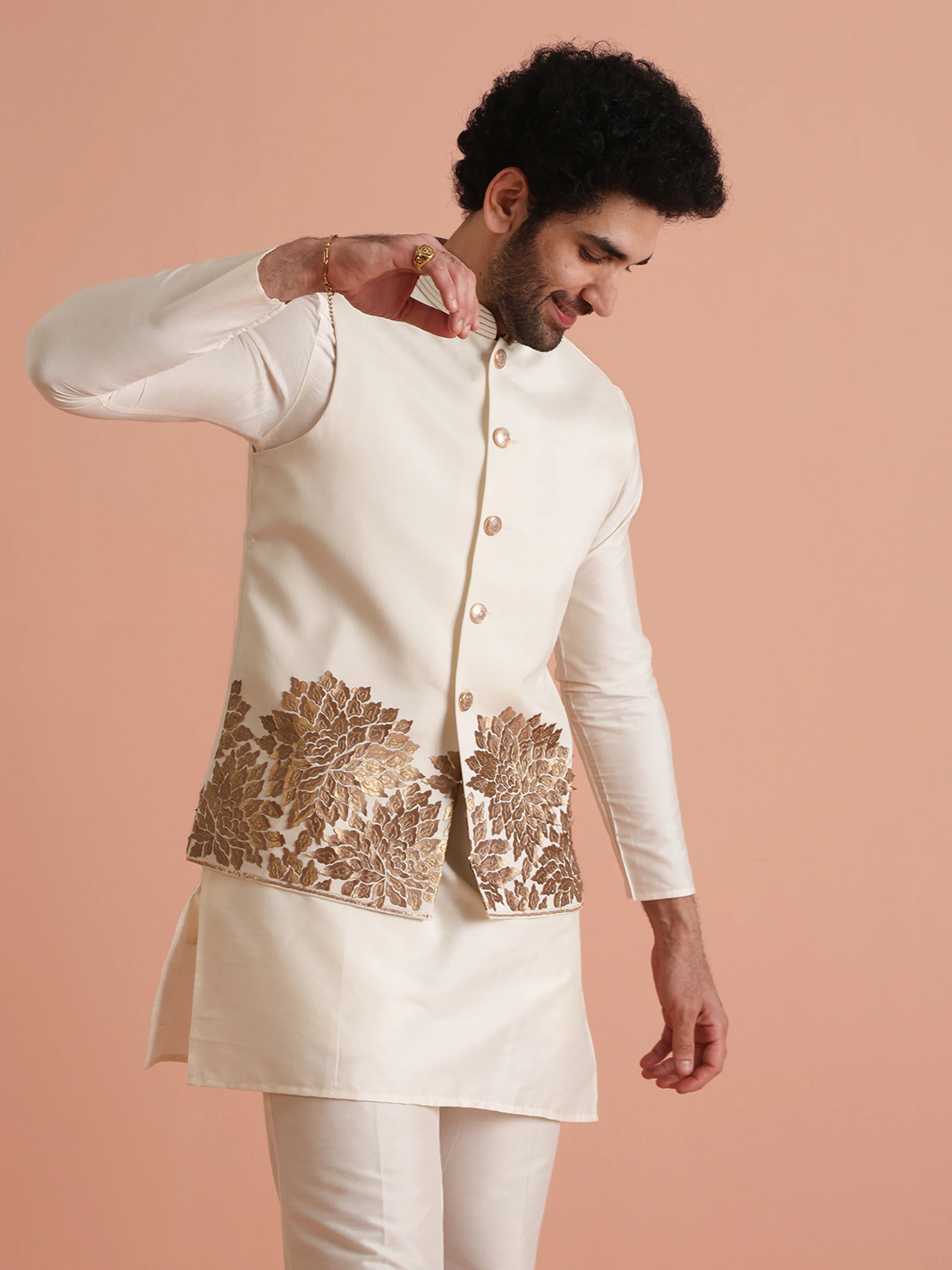 Cream Silk Blend Gold Embroidered Jacket Kurta Trouser Set - Image 6