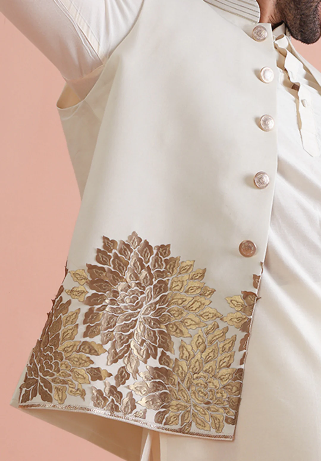 Men Off White Patch Work Nehru Jacket - Image 6