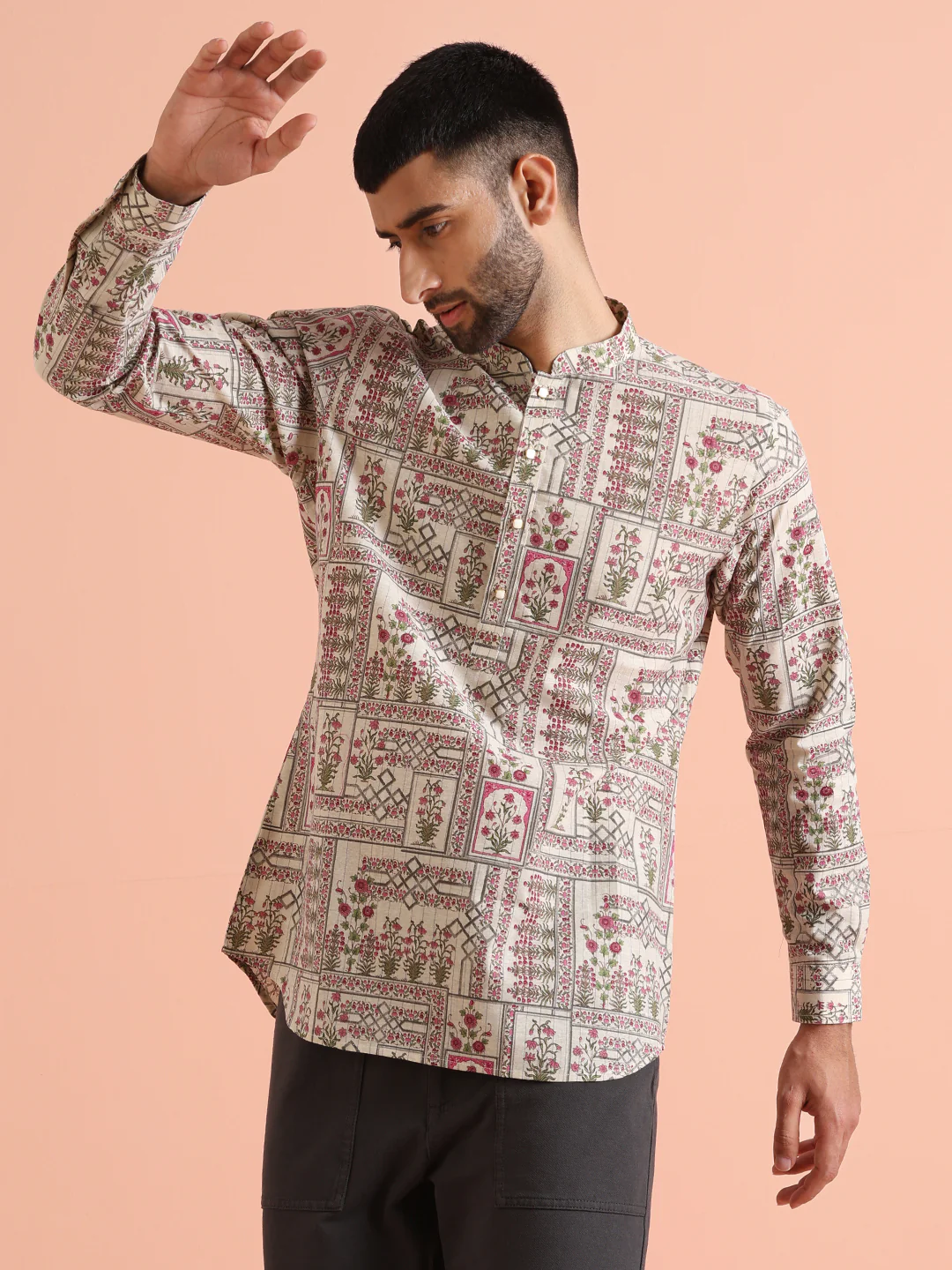 Beige Floral Printed Short Kurta - Image 2