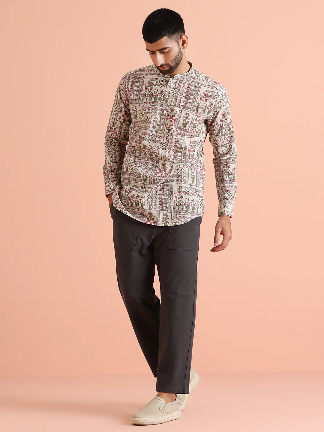 Beige Floral Printed Short Kurta - Image 7
