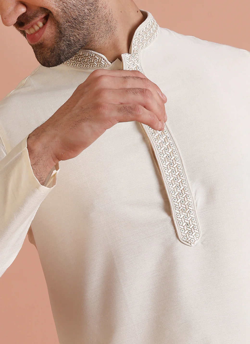 Cream Solid Kurta with Embroidered Collar & Trouser - Image 5
