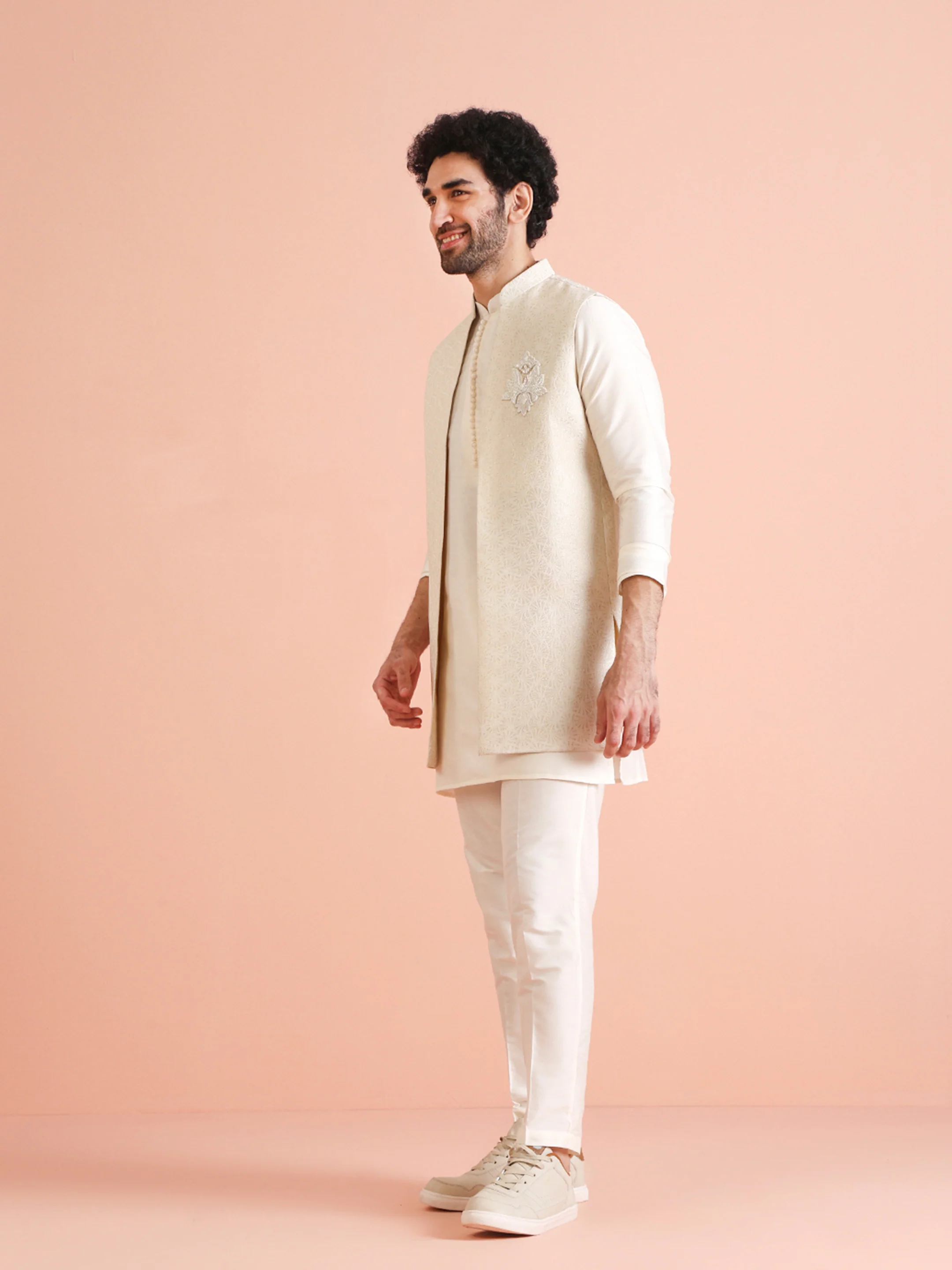Cream Silk Blend Embroidered Jacket Set with Kurta & Churidar - Image 2