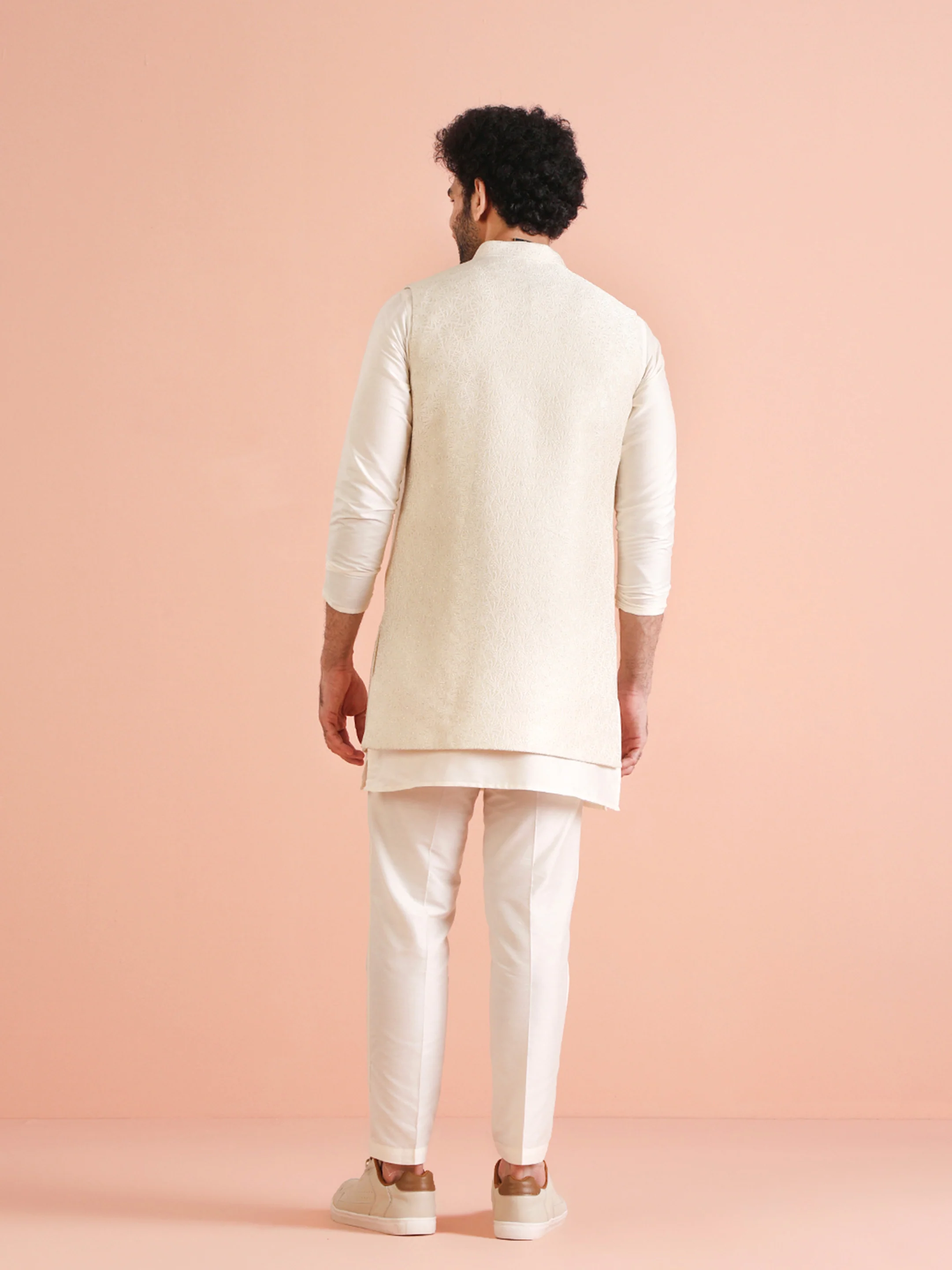Cream Silk Blend Embroidered Jacket Set with Kurta & Churidar - Image 4