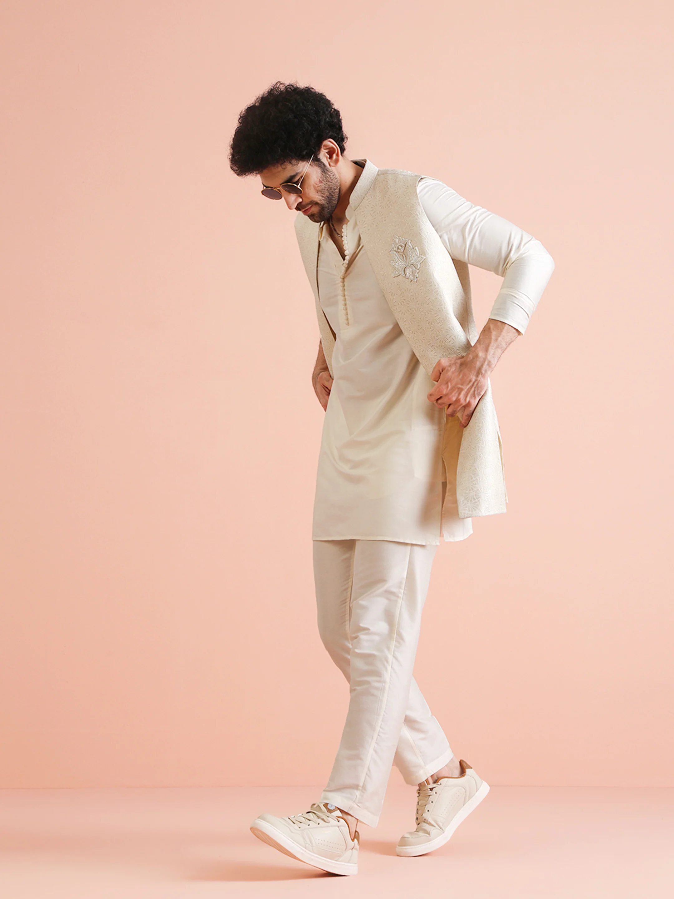 Cream Silk Blend Embroidered Jacket Set with Kurta & Churidar - Image 8