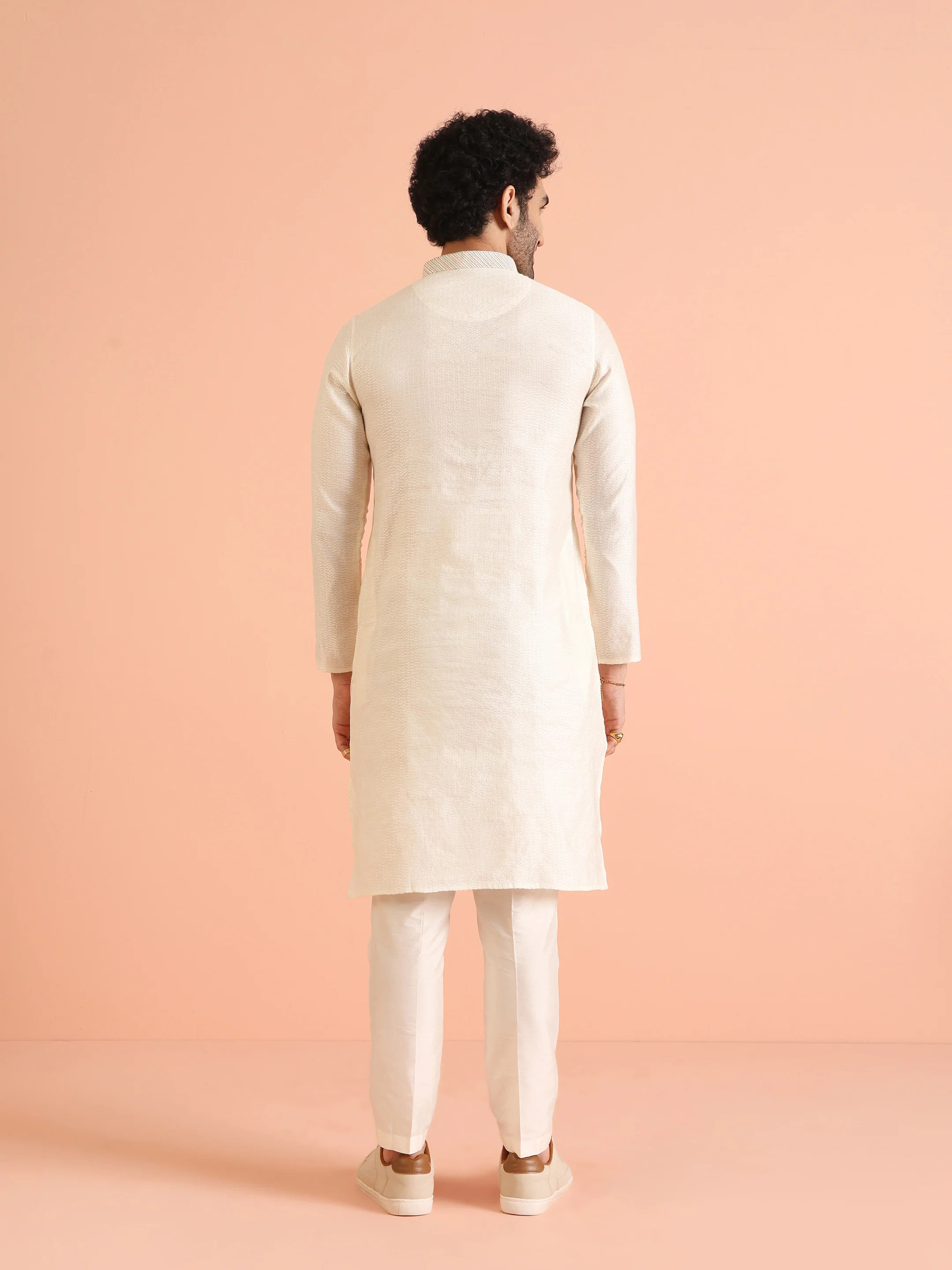 Cream Silk Blend Kurta Set with Intricate Woven Detailing and Matching Trousers Set - Image 5