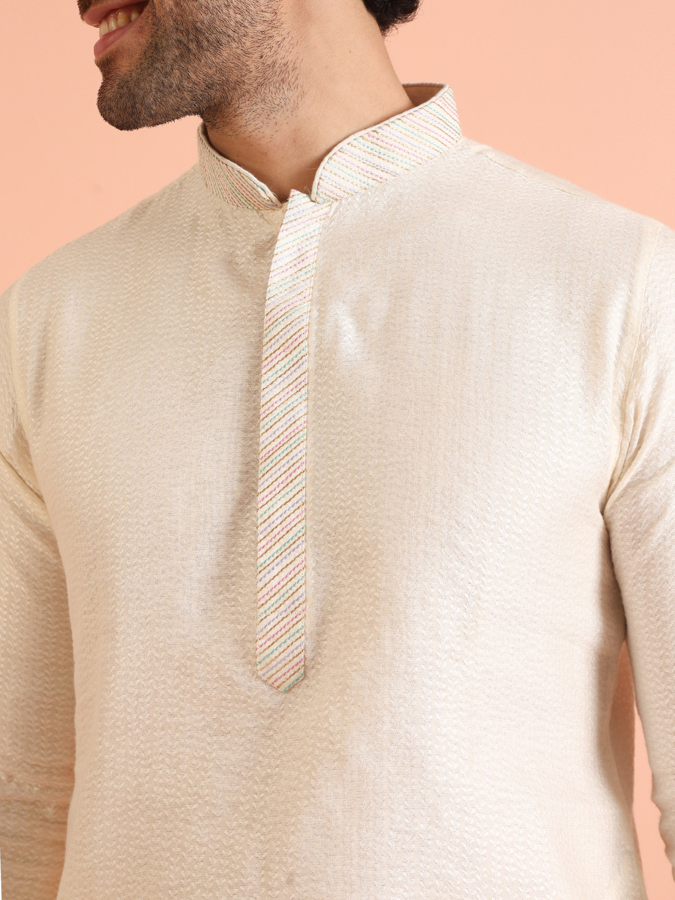 Cream Silk Blend Kurta Set with Intricate Woven Detailing and Matching Trousers Set - Image 6