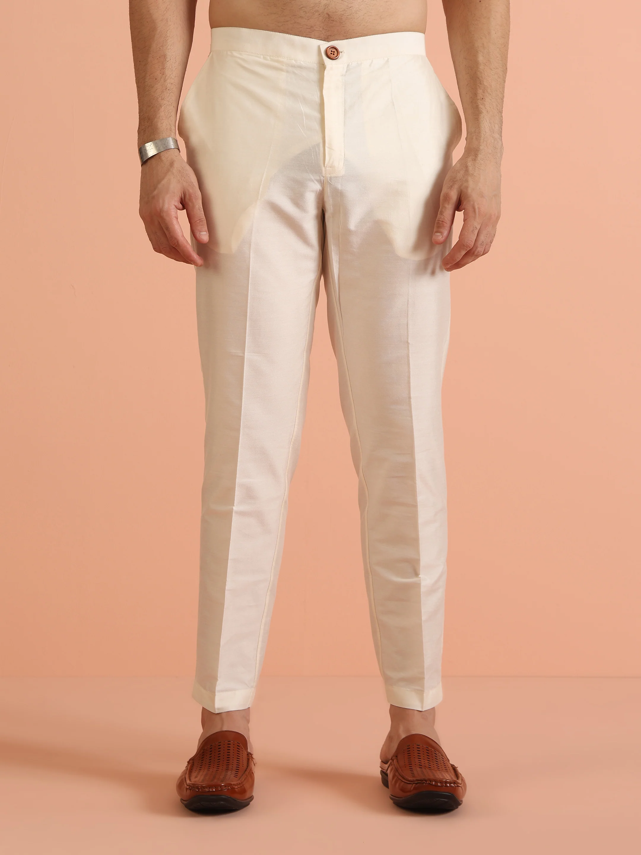 Cream Silk Blend Kurta Set with Intricate Woven Detailing and Matching Trousers Set - Image 7