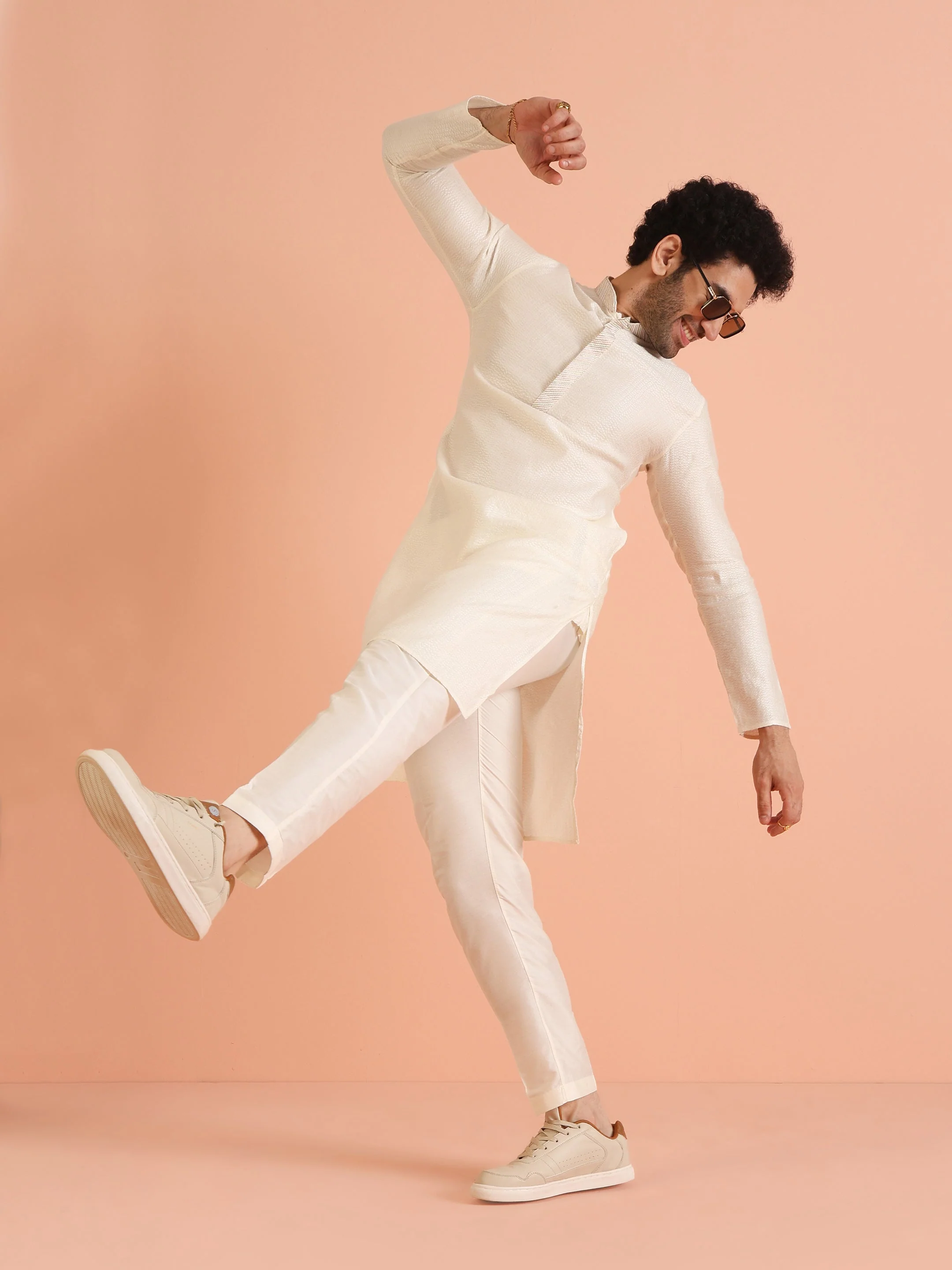 Cream Silk Blend Kurta Set with Intricate Woven Detailing and Matching Trousers Set - Image 8