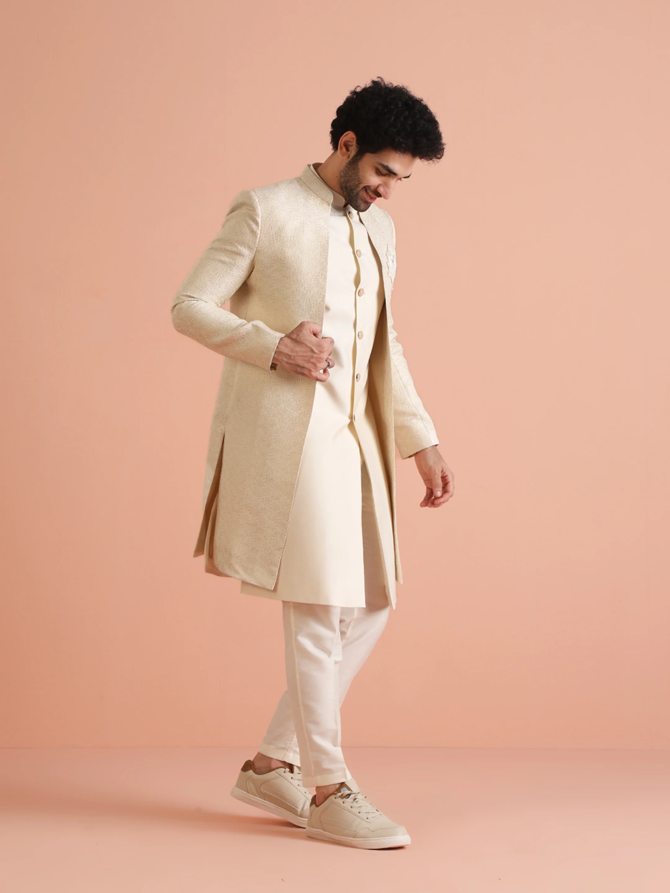 Cream Silk Blend Sherwani Trouser Set with Brooch - Image 3