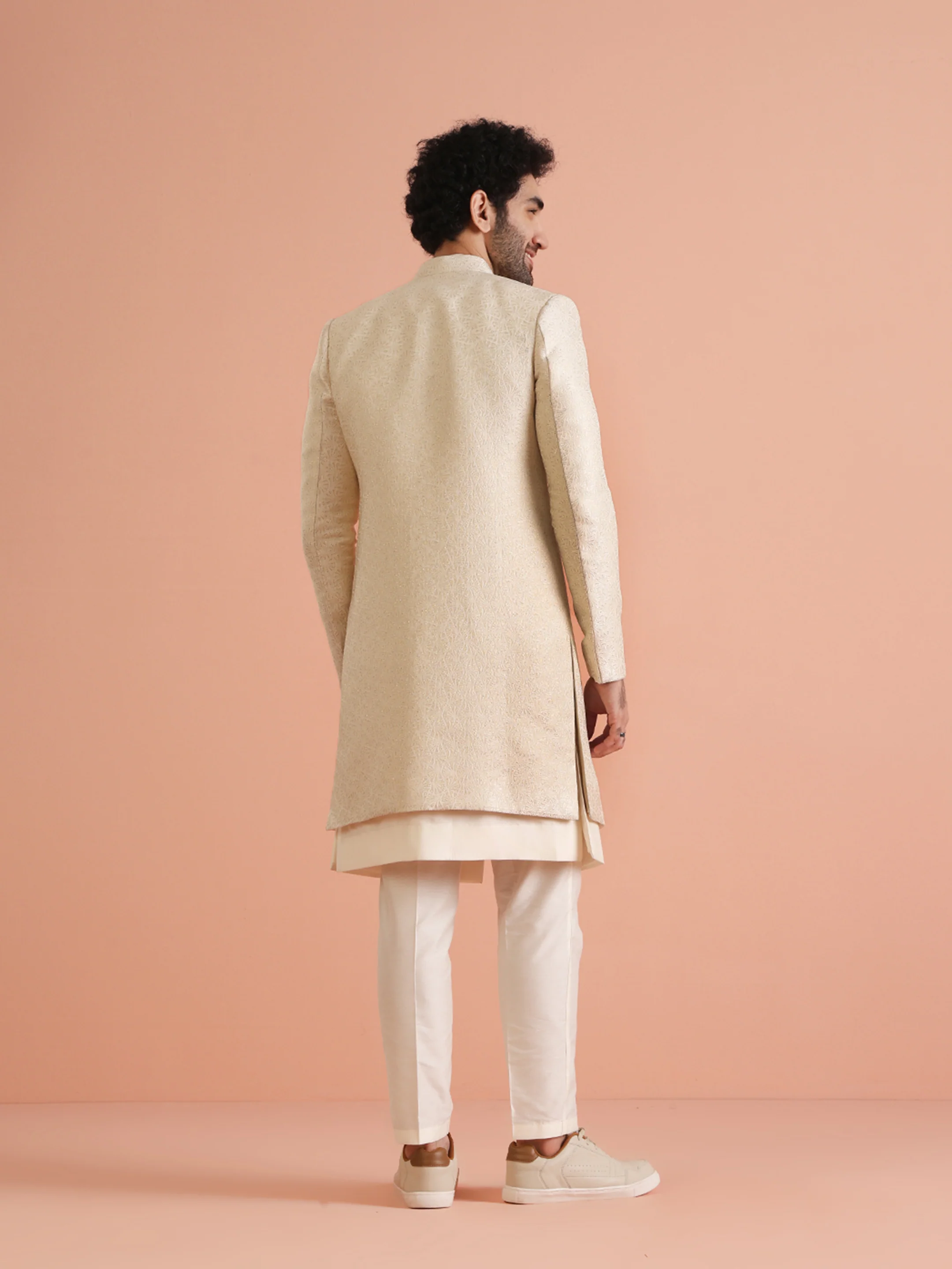 Cream Silk Blend Sherwani Trouser Set with Brooch - Image 4