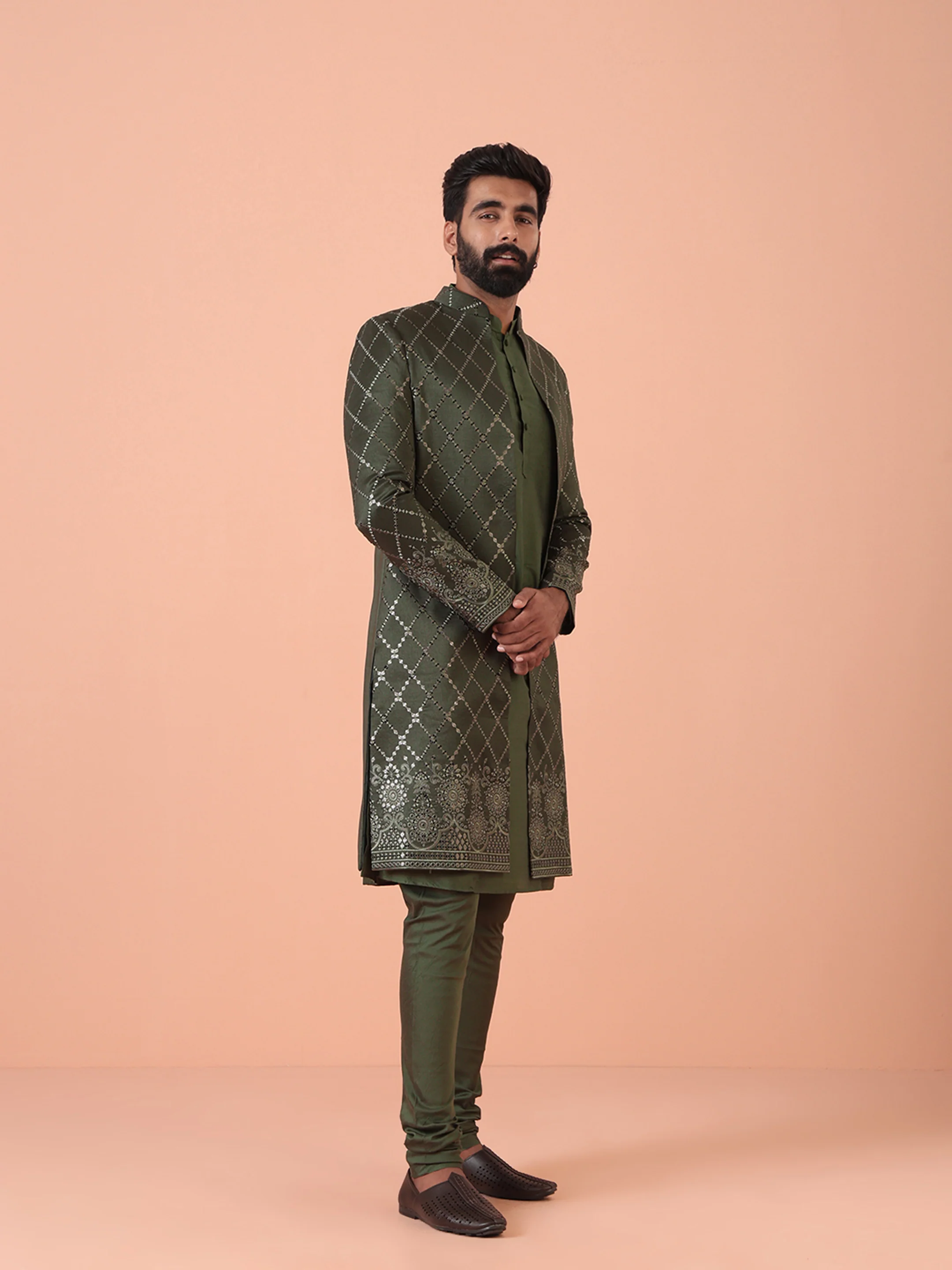 Men Olive Embellished Kurta Indowestern Churidar Set - Image 2