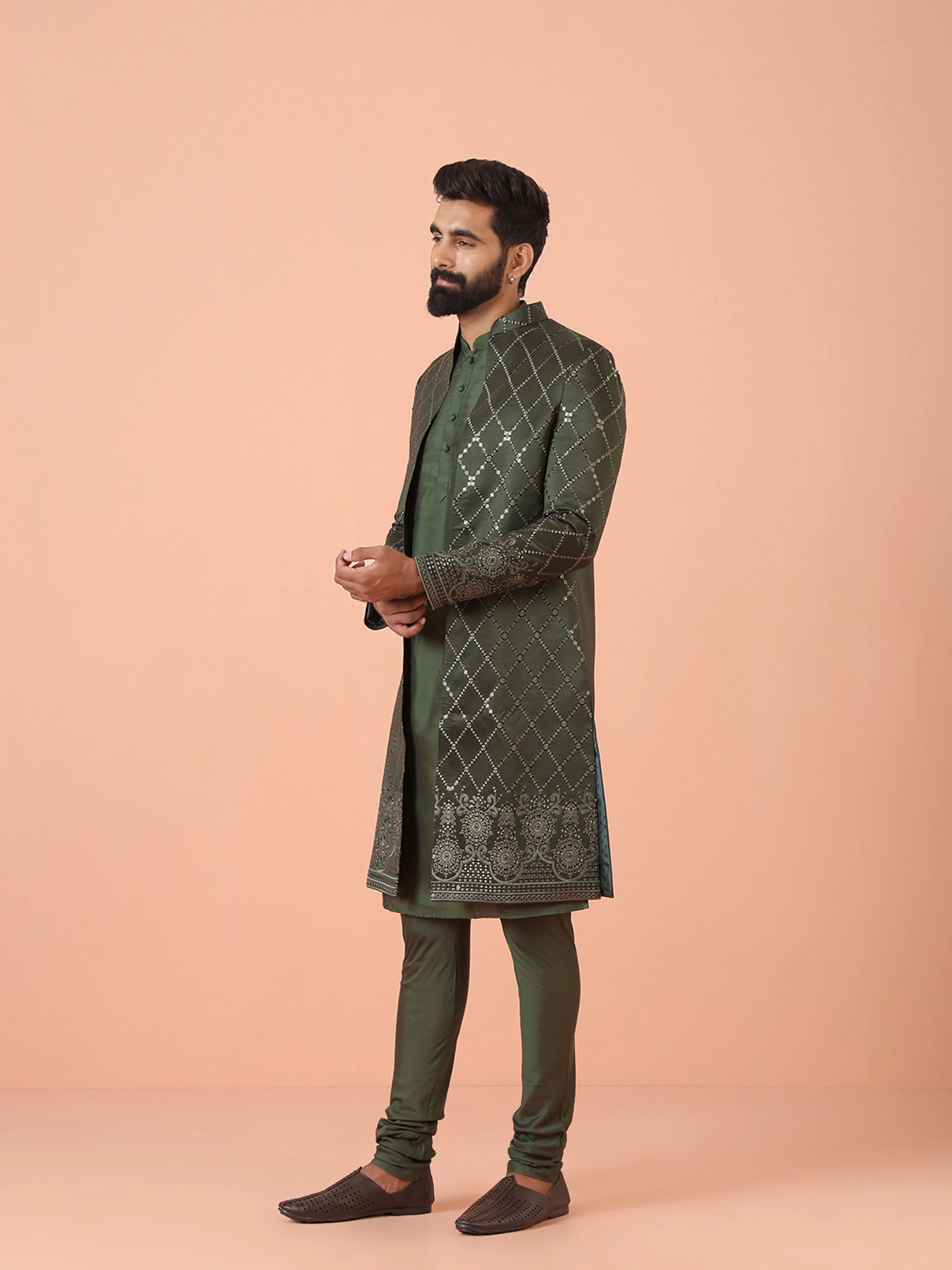 Men Olive Embellished Kurta Indowestern Churidar Set - Image 3