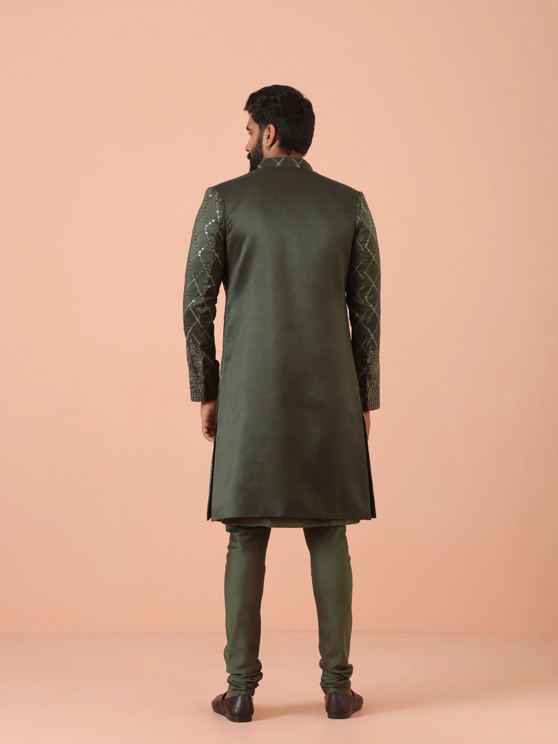 Men Olive Embellished Kurta Indowestern Churidar Set - Image 4