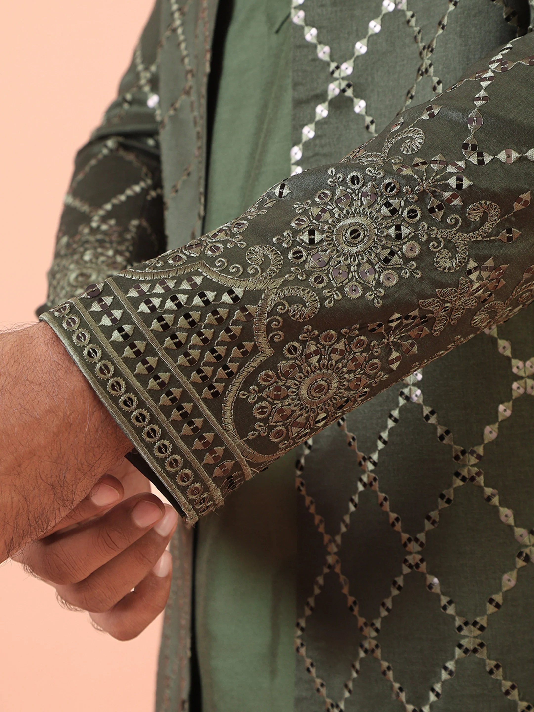 Men Olive Embellished Kurta Indowestern Churidar Set - Image 5
