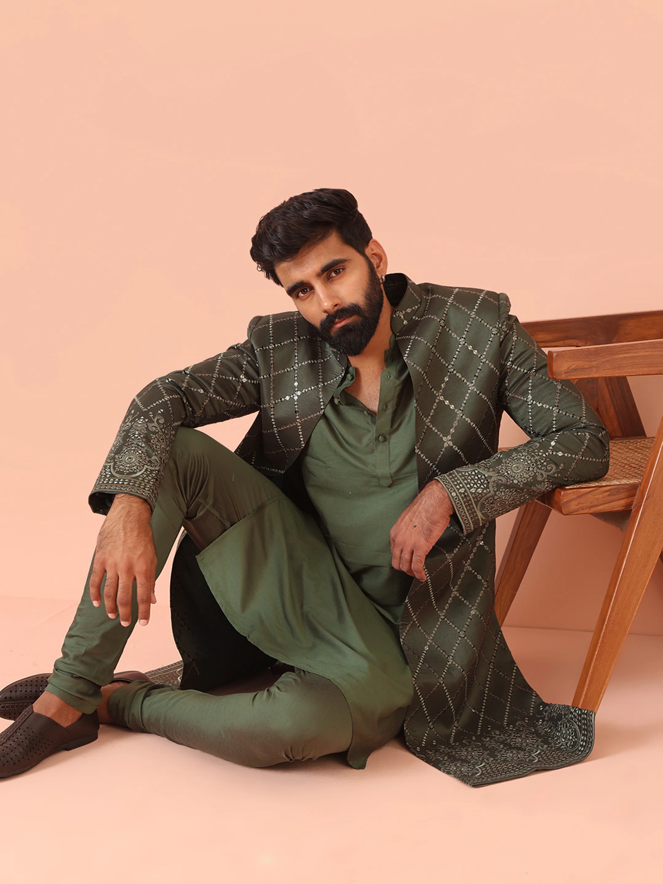 Men Olive Embellished Kurta Indowestern Churidar Set - Image 8