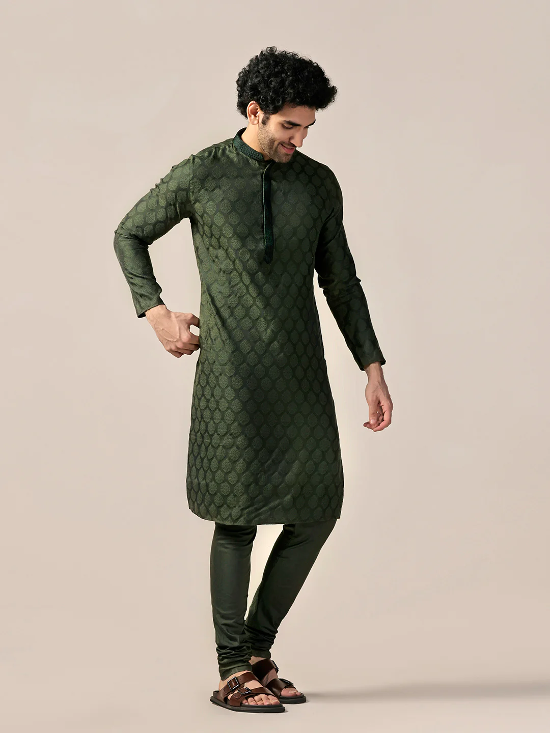 Men Olive Kurta Churidar Set - Image 3