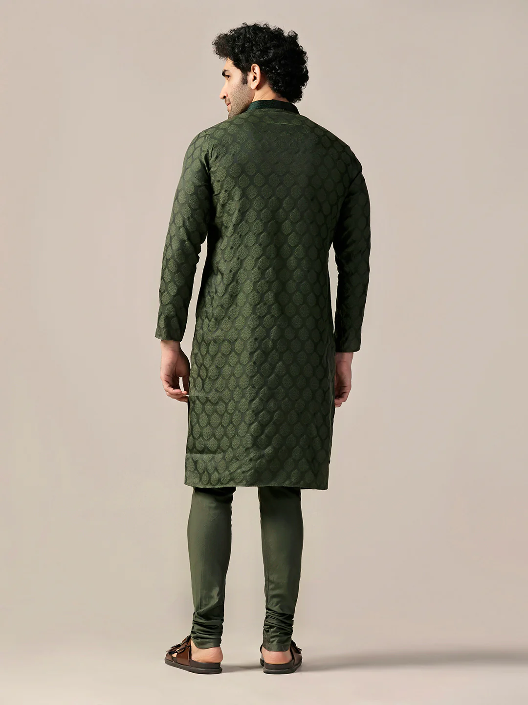 Men Olive Kurta Churidar Set - Image 4