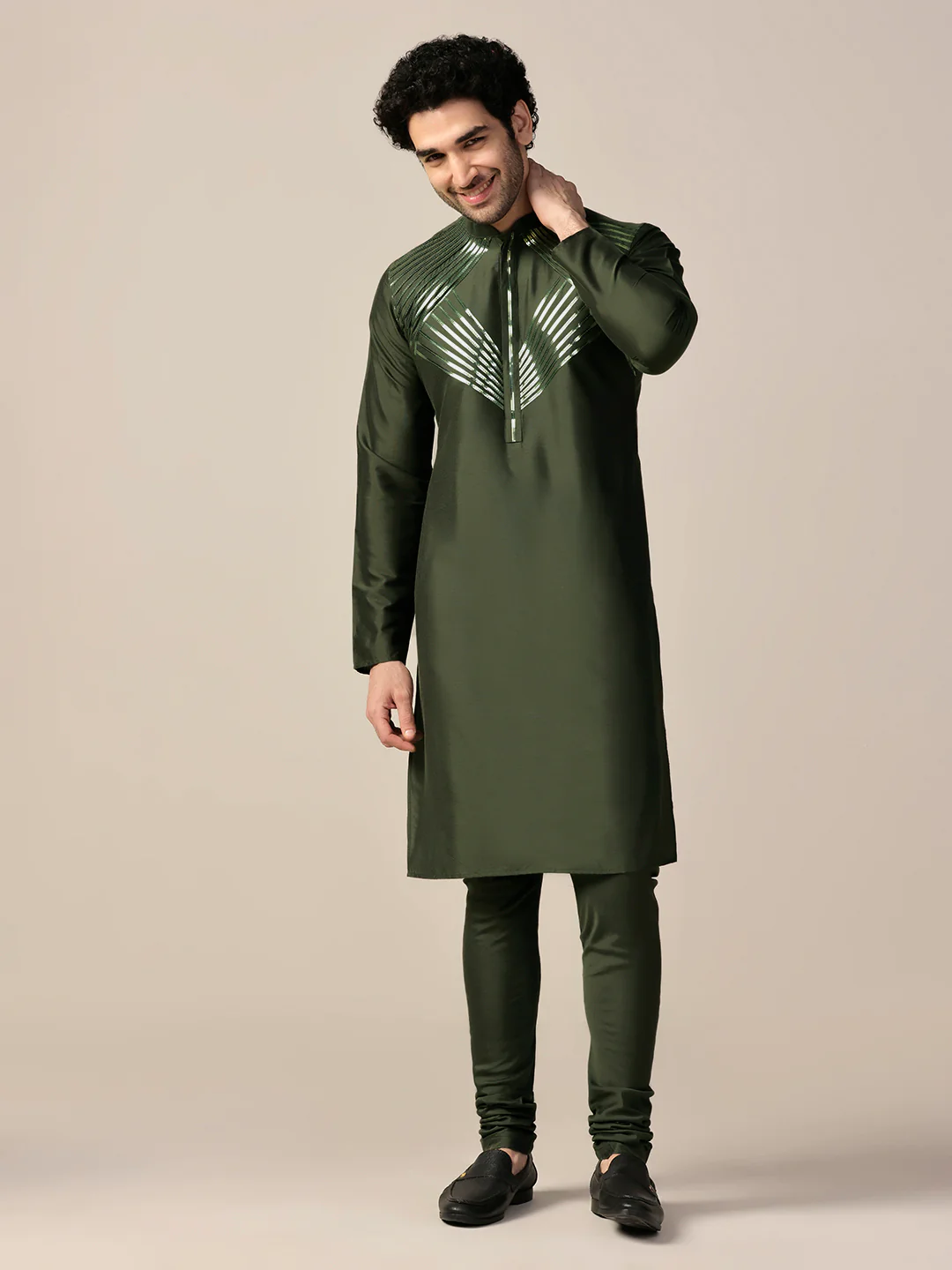 Men Olive Green Tape Work Embellished Kurta Churidar Set - Image 3