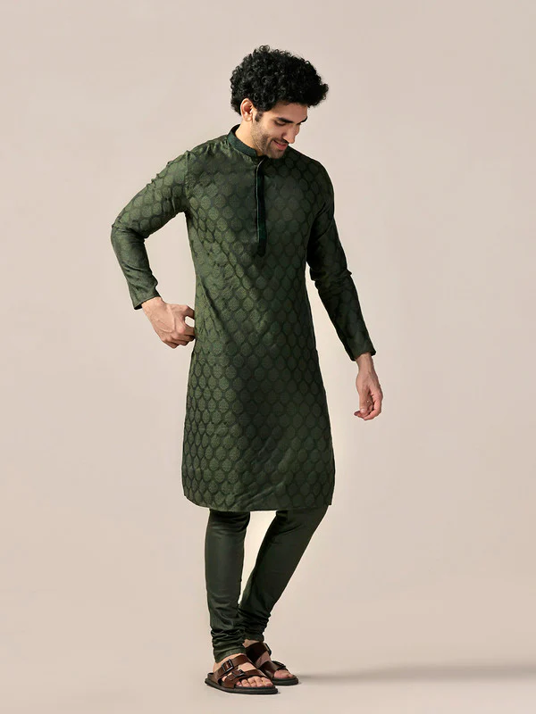 Bottle Green Silk Jacquard Kurta - Image 3