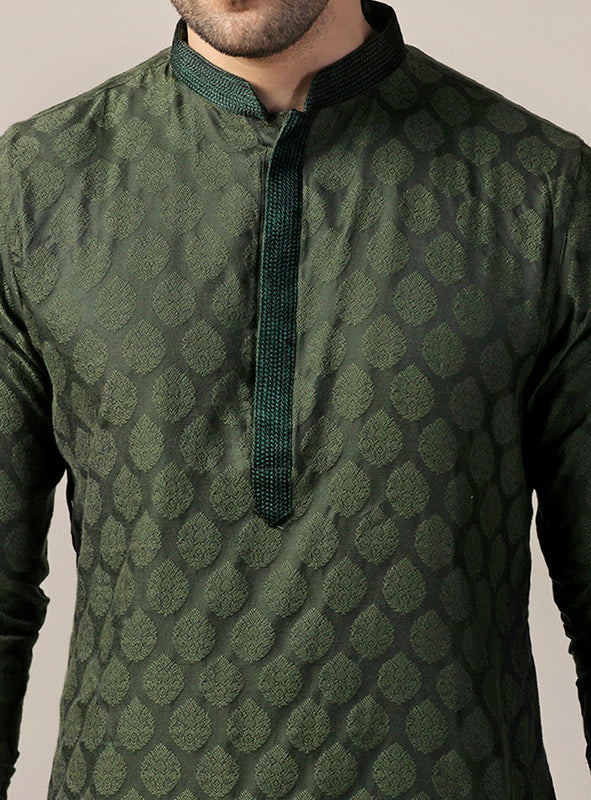Bottle Green Silk Jacquard Kurta - Image 5