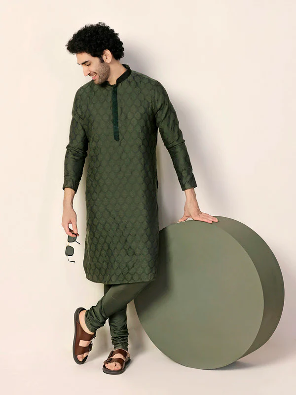 Bottle Green Silk Jacquard Kurta - Image 6